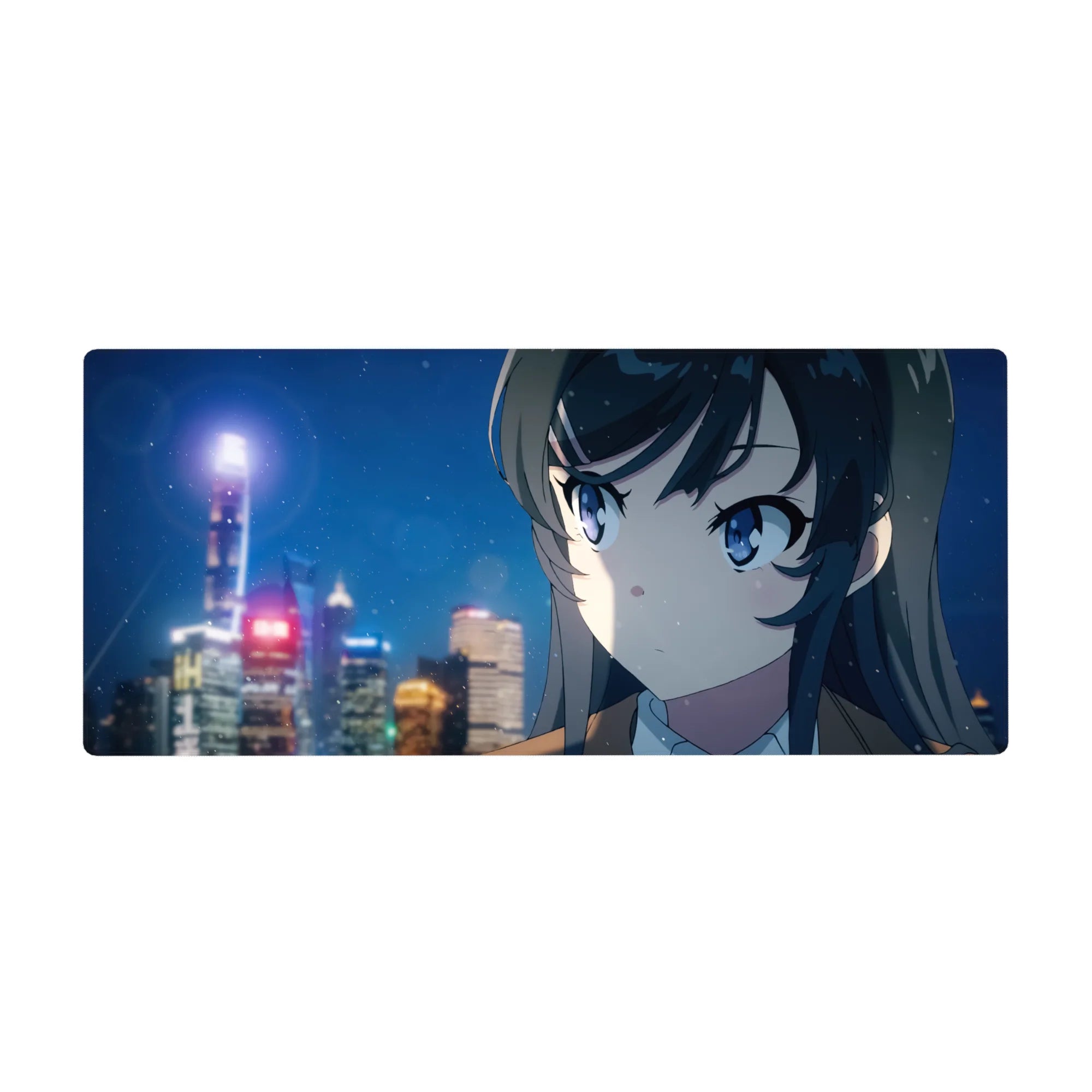 36x16 inches anime girl desk pad with snowy city skyline, neon streetlights, and smooth mouse tracking.