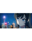 36x16 inches anime girl desk pad with snowy city skyline, neon streetlights, and smooth mouse tracking.