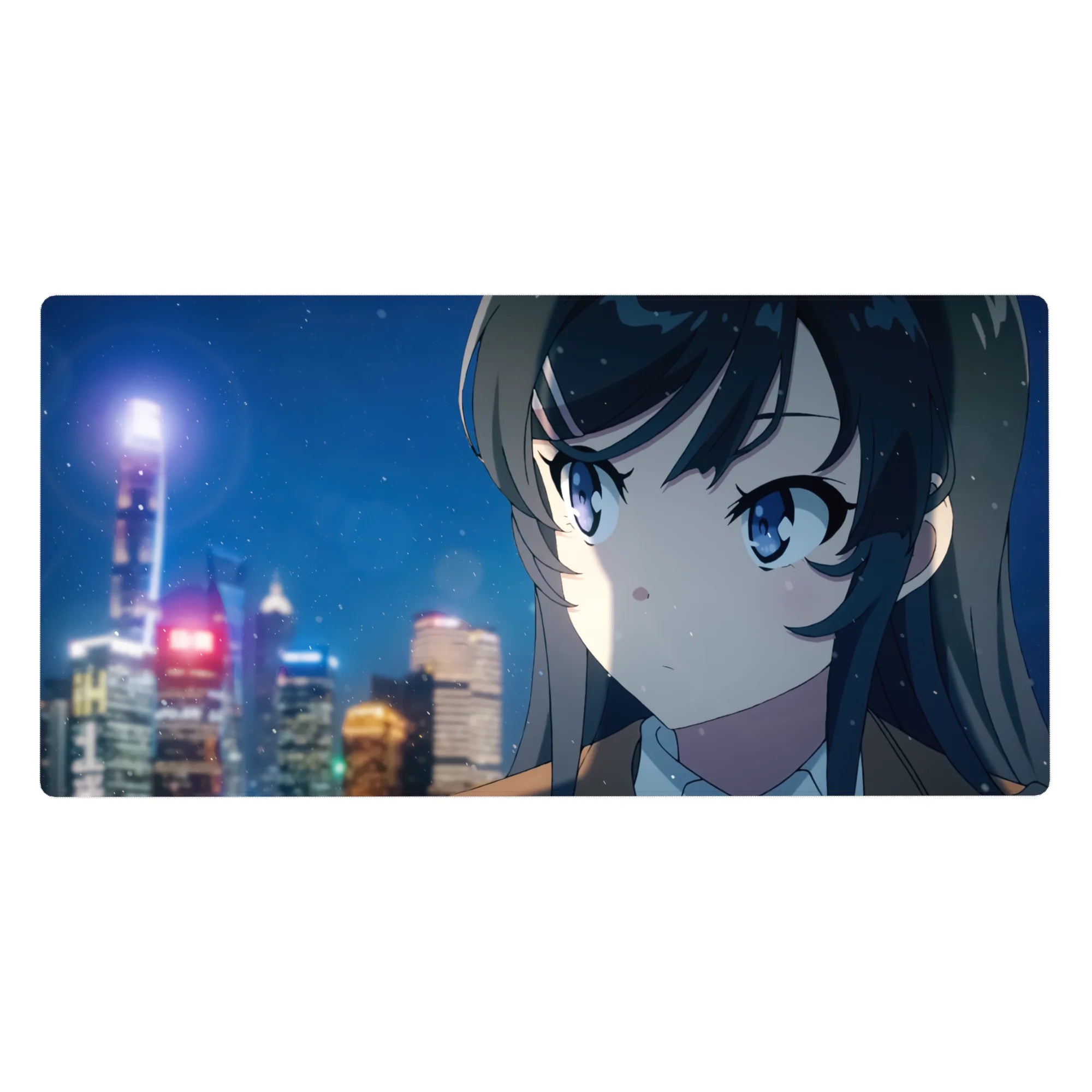 Anime girl desk pad 40x20 inches with snowy city night skyline, neon lights, and soft falling flakes.