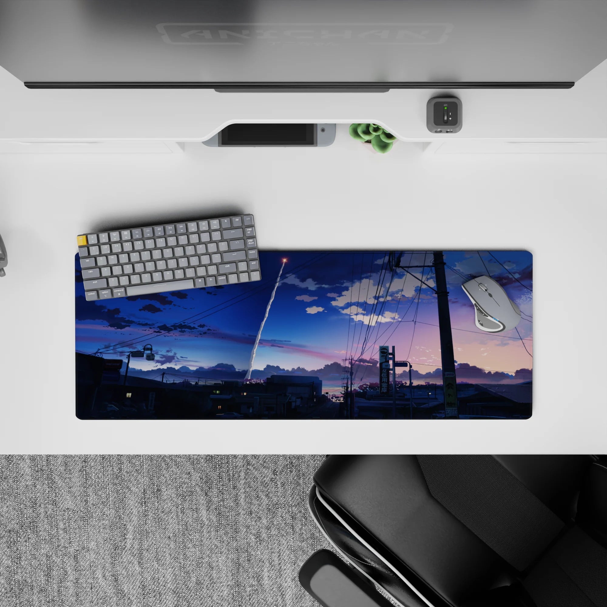 32x12 inches anime mouse pad in cobalt-to-peach sunset gradients, calm cinematic vibe for gaming.