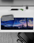 32x12 inches anime mouse pad in cobalt-to-peach sunset gradients, calm cinematic vibe for gaming.