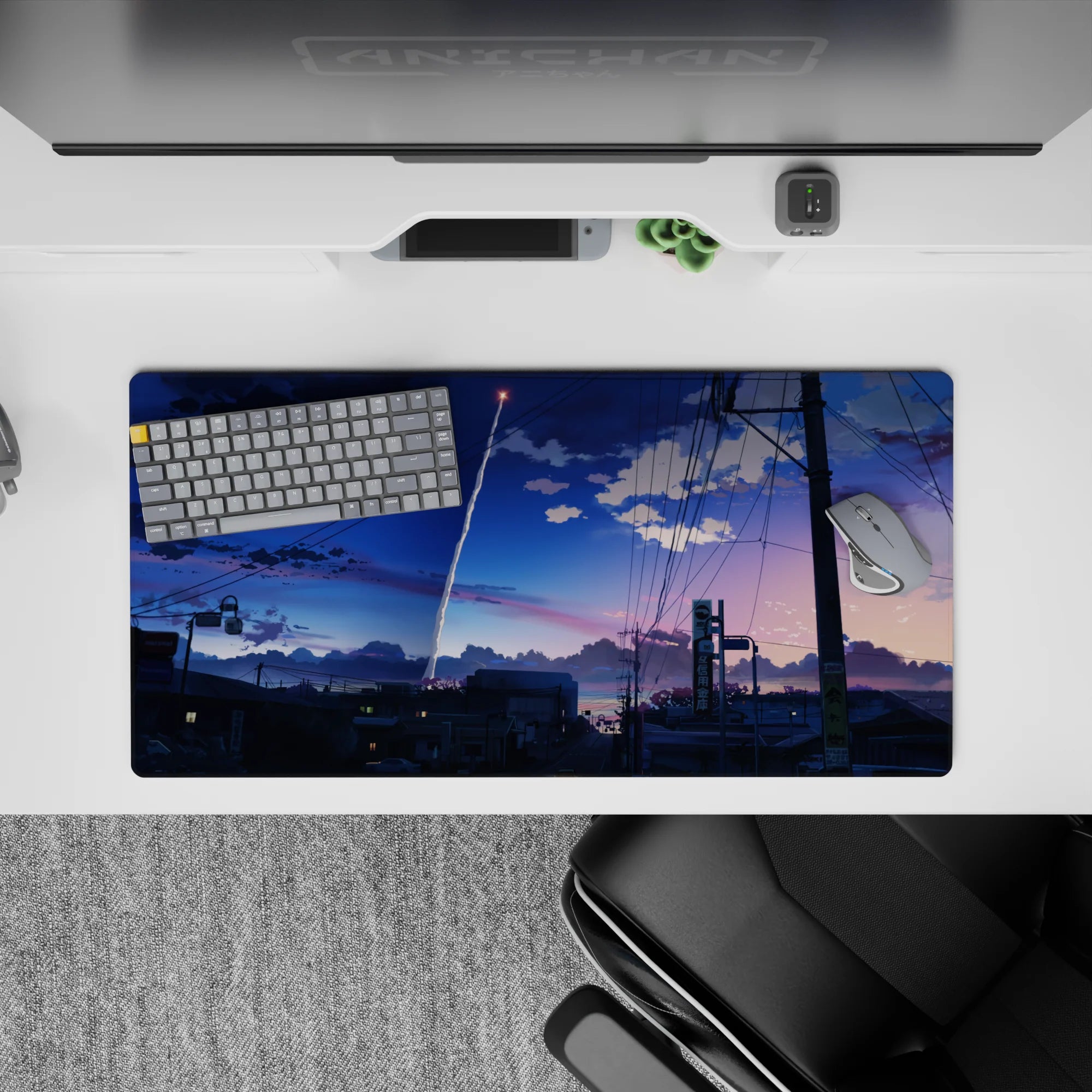 32x16 inches anime mouse pad in cobalt-to-peach sunset gradients, calm cinematic skyline mood.
