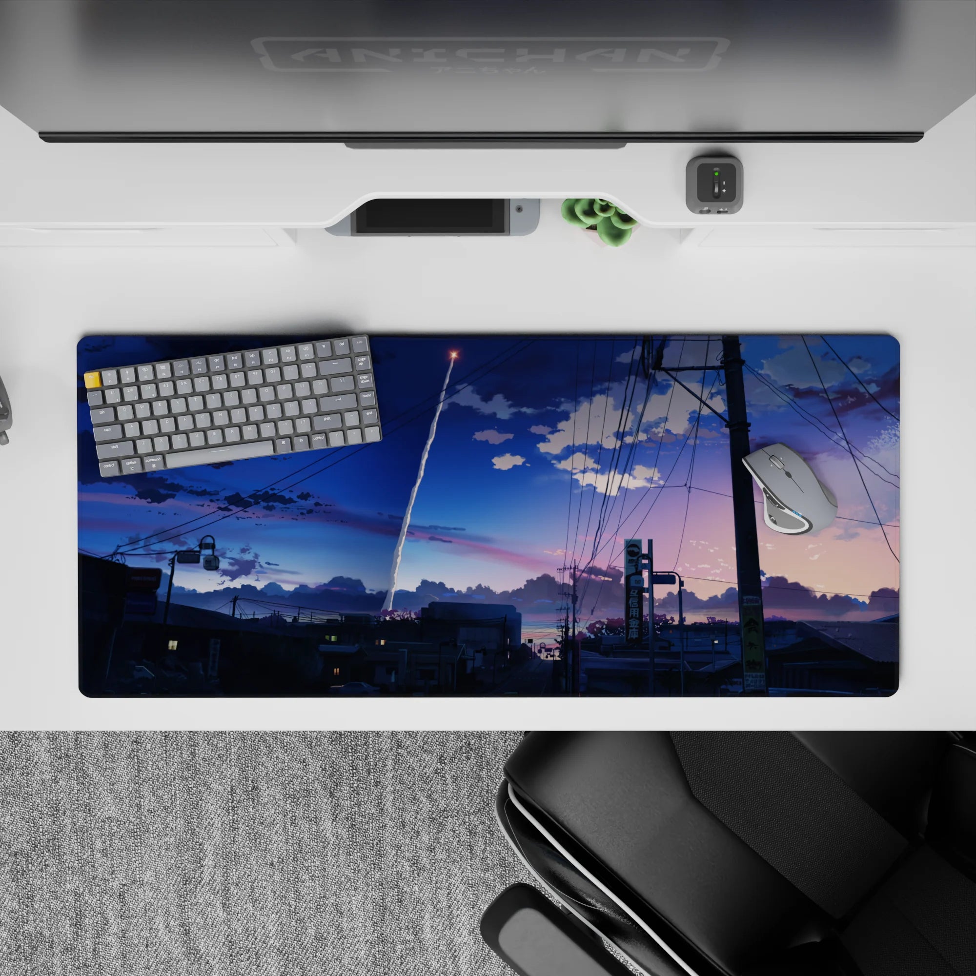 36x16 inches anime desk pad in cobalt-to-peach sunset gradients, calm cinematic vibe, easy on eyes.