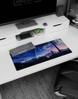 28x12 inches anime mouse pad showing a rocket streaking above quiet rooftops and tangled power lines.