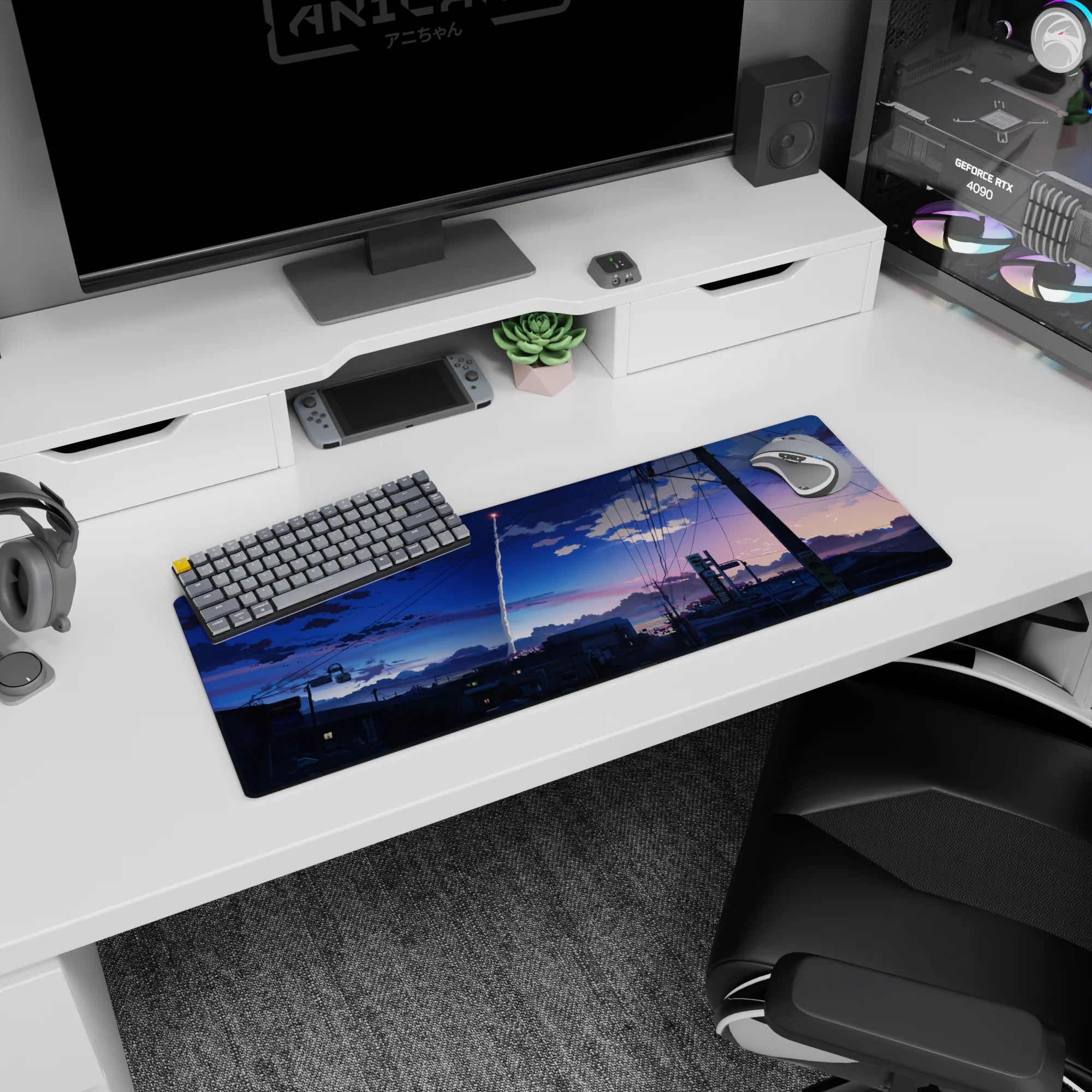 32x12 inches anime mouse pad showing a lone rocket streak over rooftops and tangled power lines.