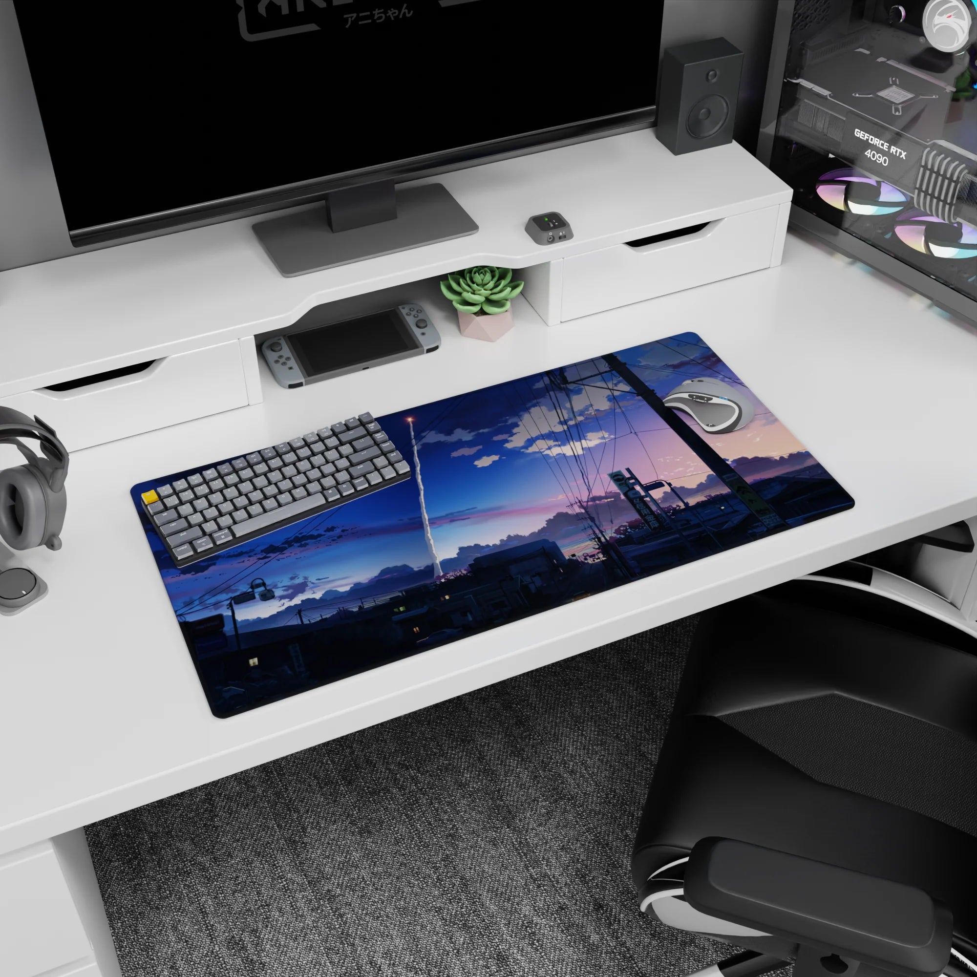 32x16 inches anime mouse pad showing a white rocket streak cutting clouds above rooftops and wires.