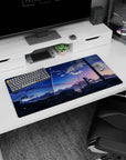 32x16 inches anime mouse pad showing a white rocket streak cutting clouds above rooftops and wires.