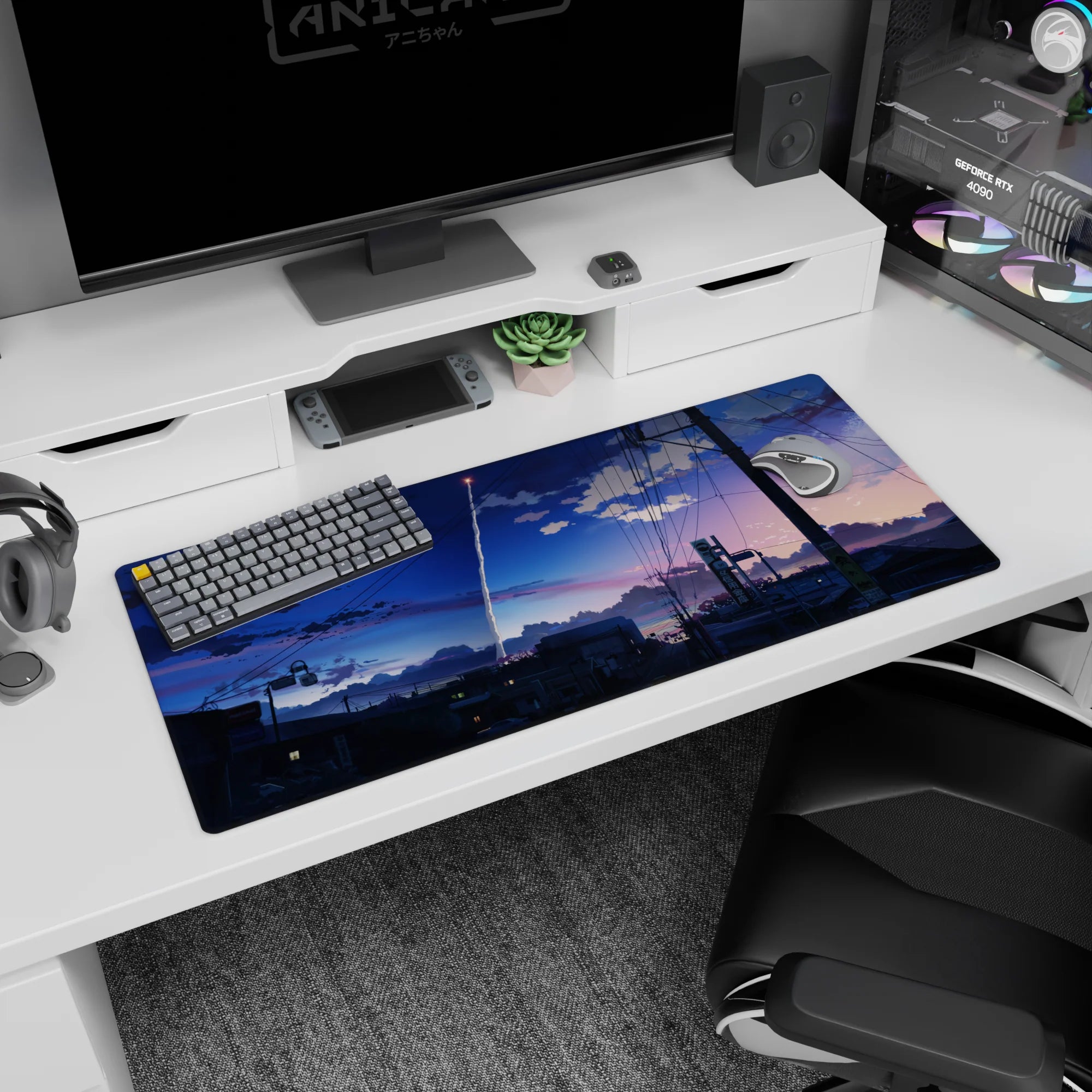 36x16 inches anime desk pad showing a rocket streaking over rooftops and wires, bright white trail.