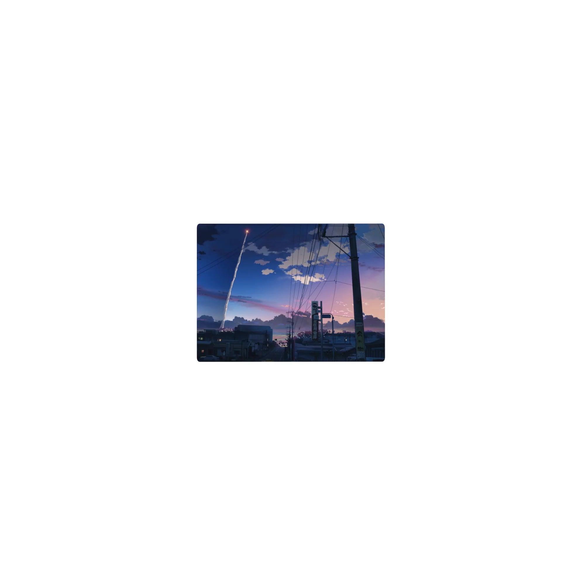 Classic anime mouse pad 14x10 inches with quiet city rooftops, power lines, and a rocket trail sky.