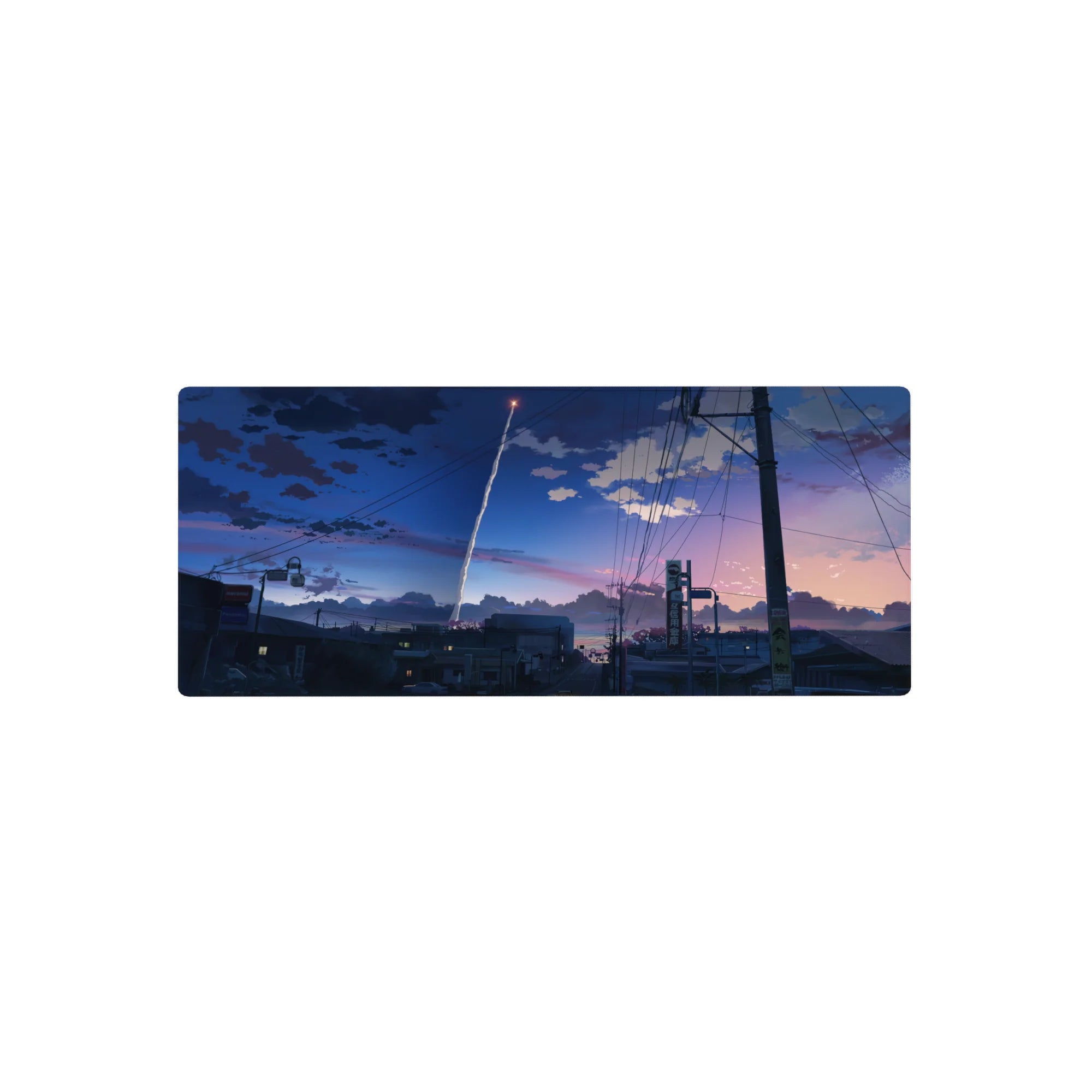 28x12 inches anime mouse pad with city rooftop silhouettes, power lines, and a rocket trail at dusk.