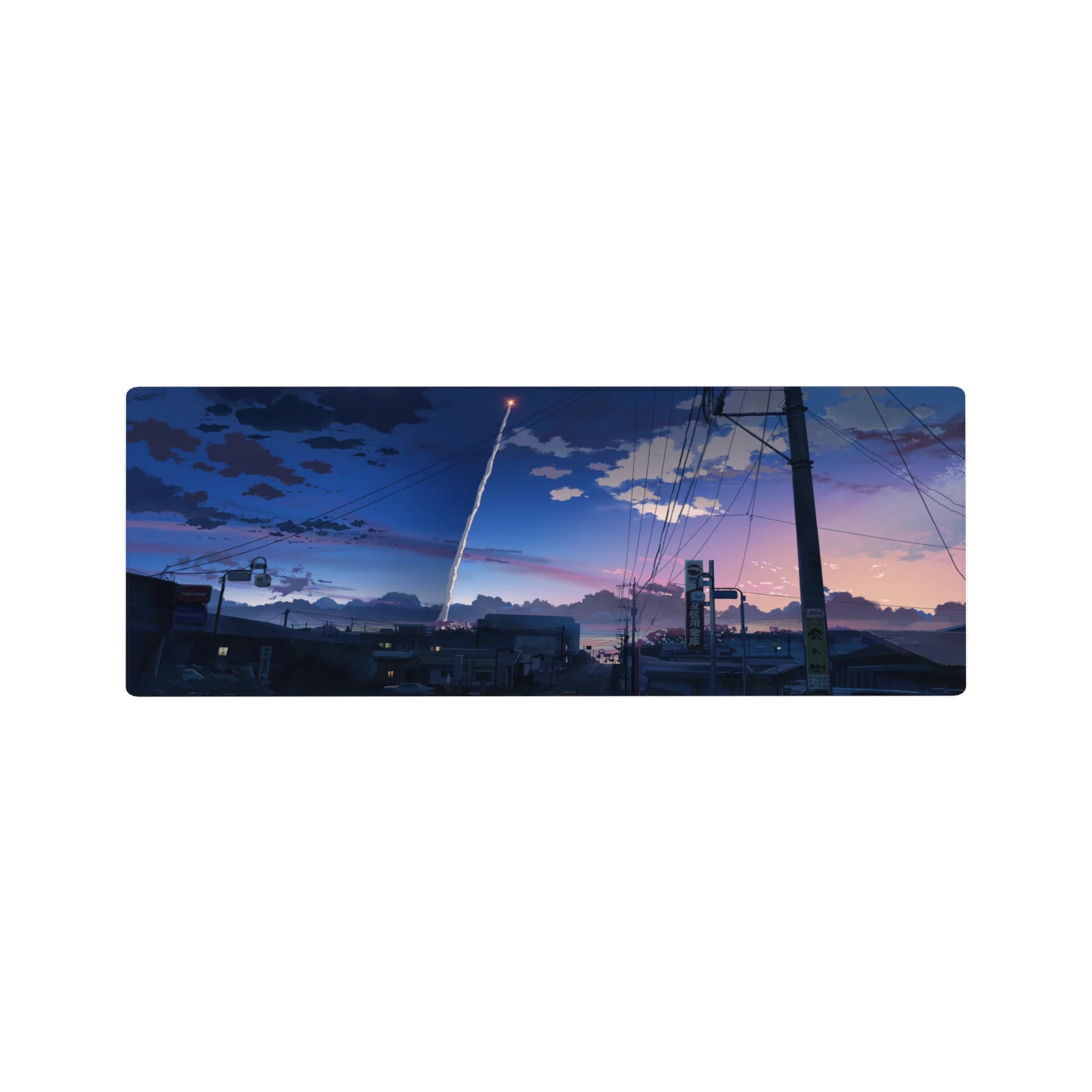 32x12 inches anime mouse pad with city rooftops, power lines, and a rocket trail across dusk sky.
