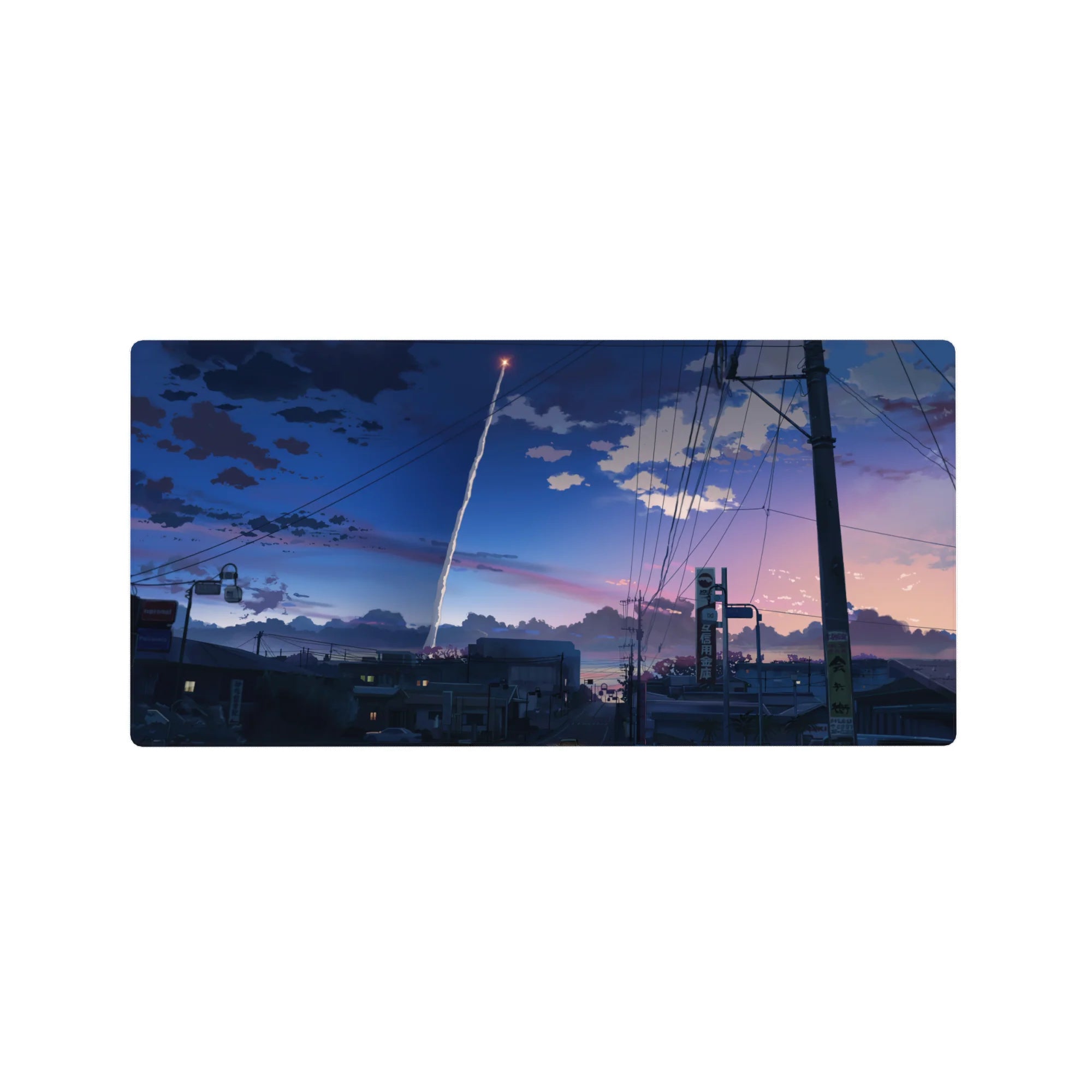 32x16 inches anime mouse pad with quiet city rooftops, power lines, and a rocket trail at dusk.