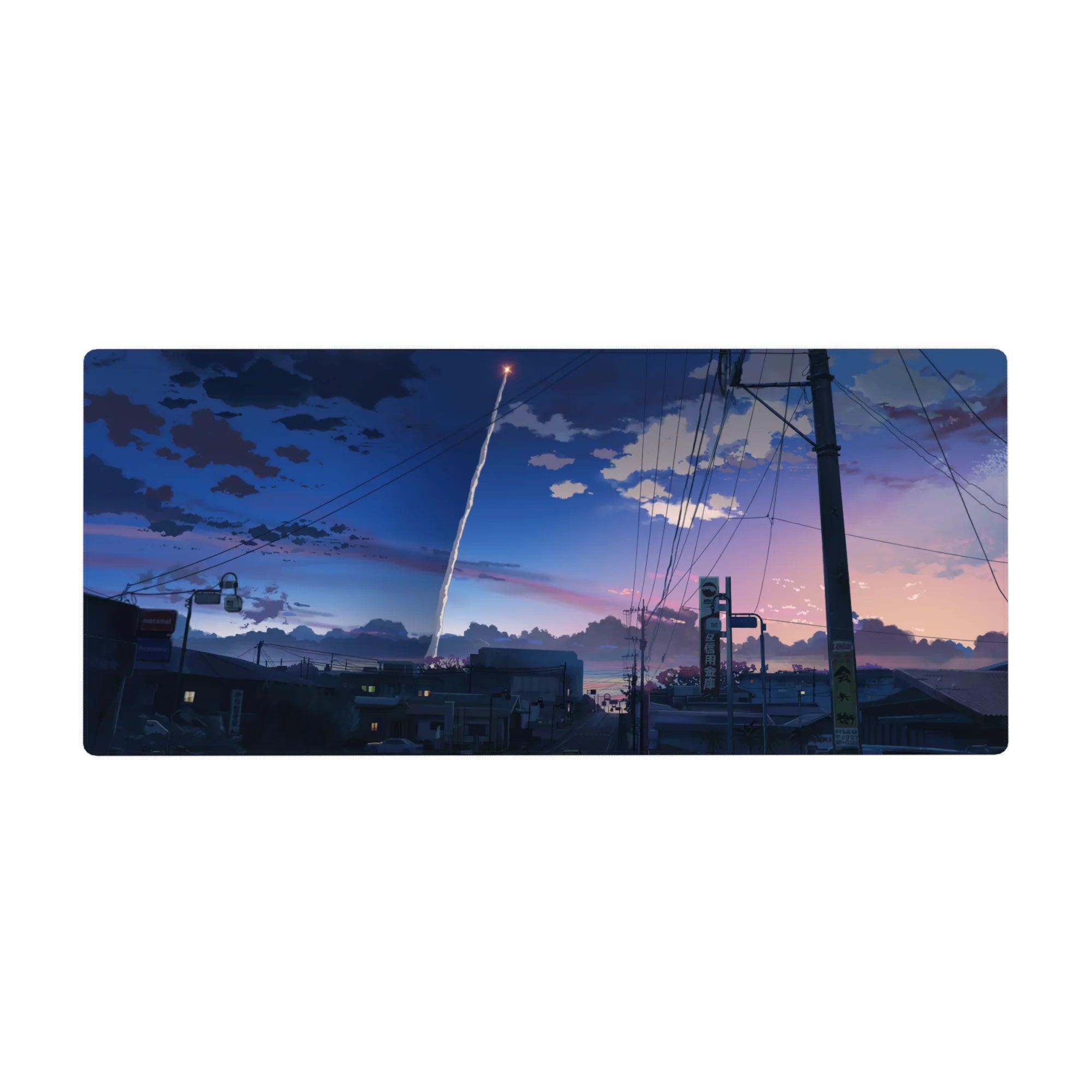 Anime desk pad 36x16 inches with quiet city rooftops, power lines, and a rocket trail at dusk.