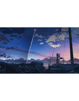 40x20 inches anime desk pad with city rooftops, power lines, and a rocket trail across dusk sky.