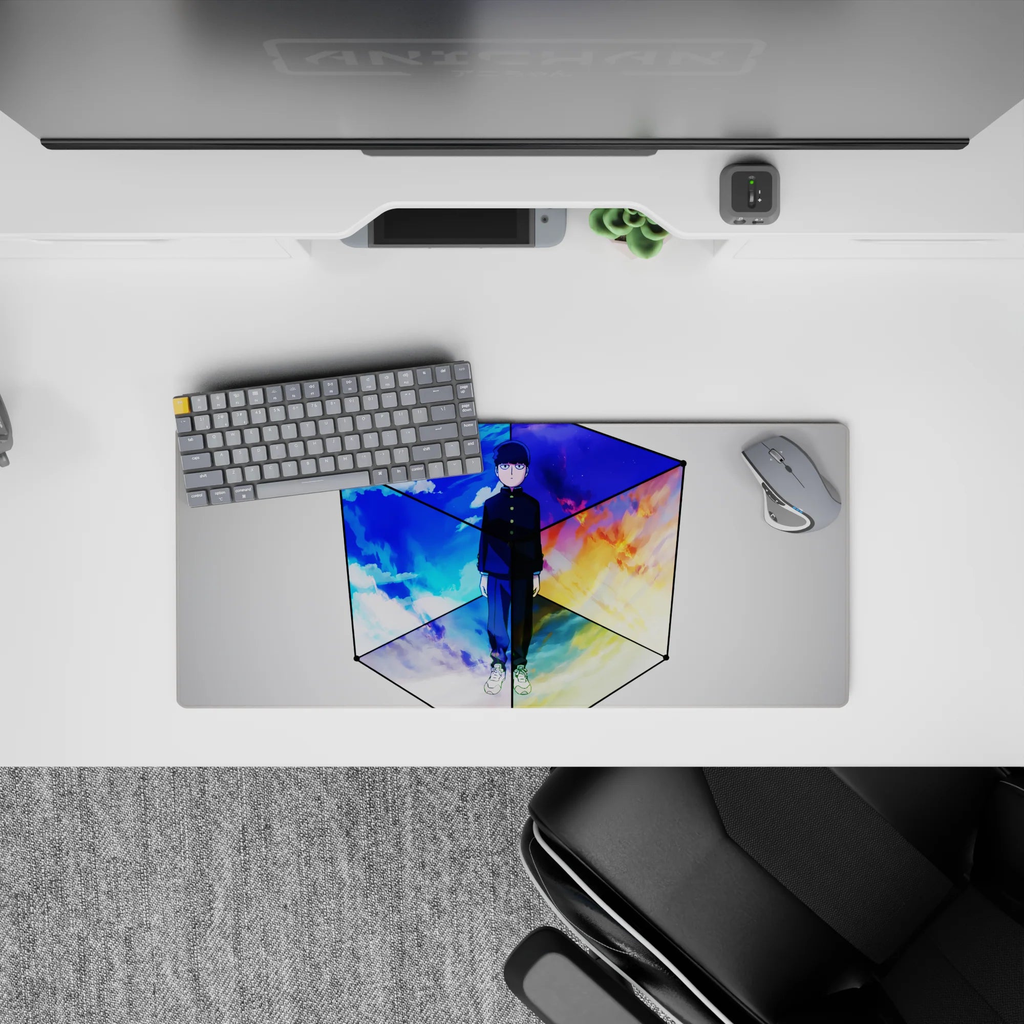 28x12 inches anime mouse pad in cool blues and cloud whites with fiery orange and purple dusk mood.