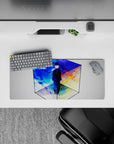 28x12 inches anime mouse pad in cool blues and cloud whites with fiery orange and purple dusk mood.