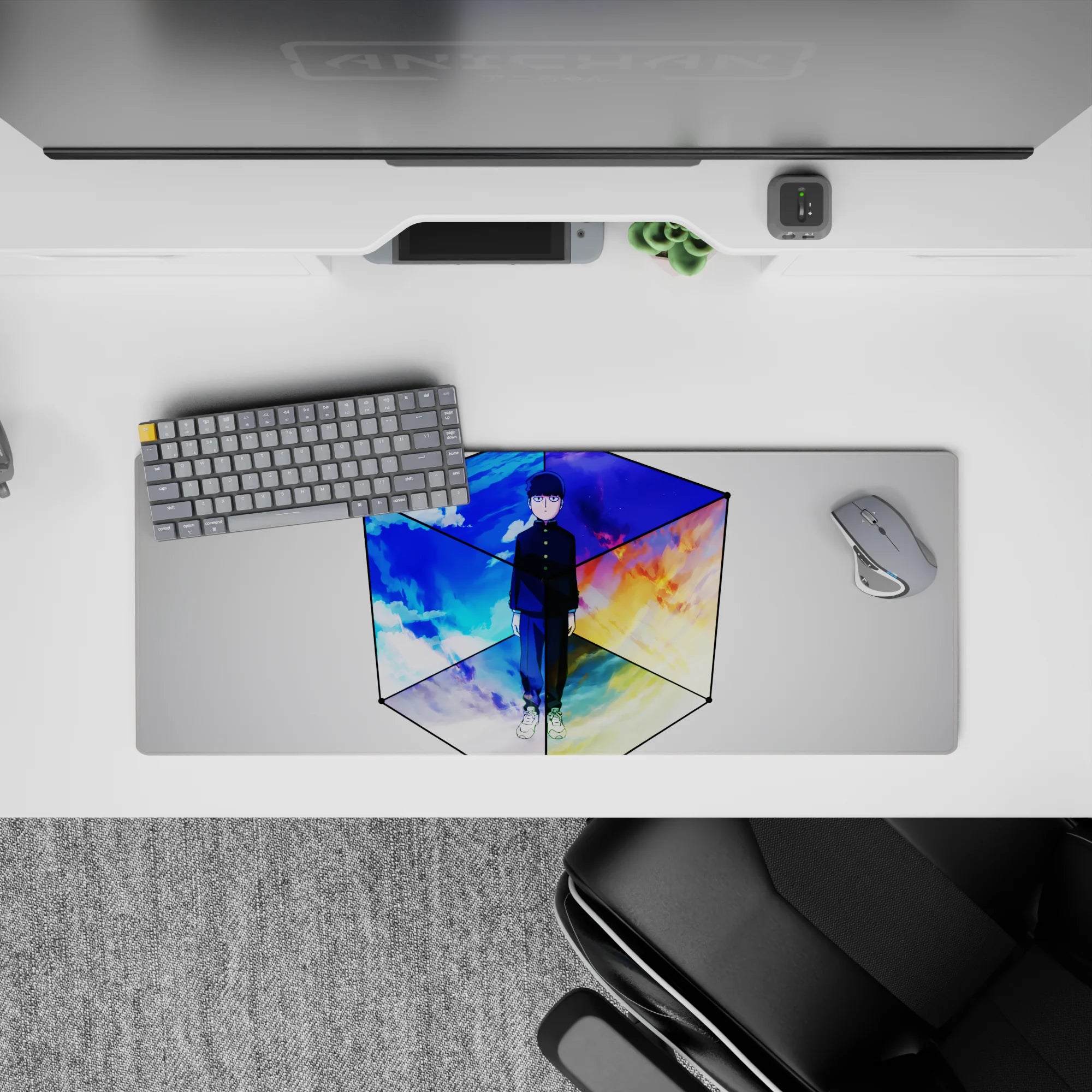 32x12 inches anime mouse pad in cool blues and clouds with orange firelight and purple dusk mood.
