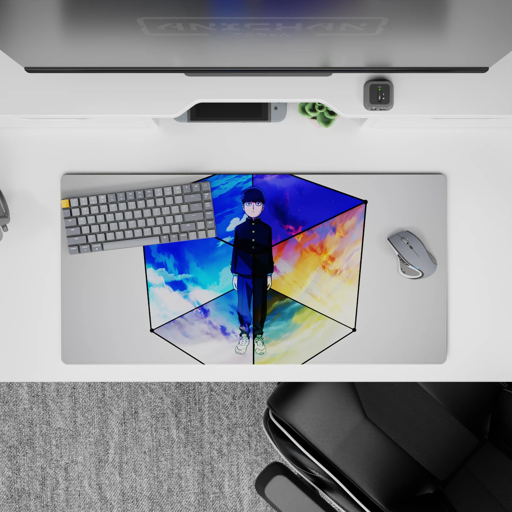 32x16 inches anime mouse pad in cool blues and cloud white with orange firelight and purple dusk, calm intense mood.