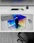 32x16 inches anime mouse pad in cool blues and cloud white with orange firelight and purple dusk, calm intense mood.
