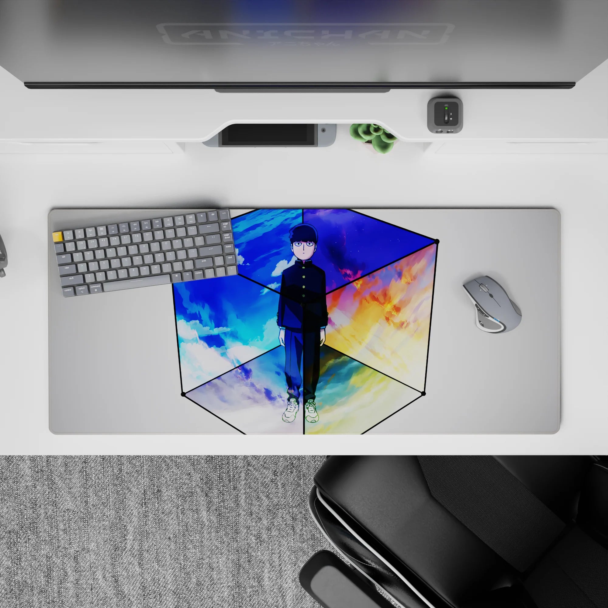 36x16 inches anime desk pad in cool blues and cloud whites with orange firelight and purple dusk, calm mood.