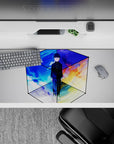 36x16 inches anime desk pad in cool blues and cloud whites with orange firelight and purple dusk, calm mood.