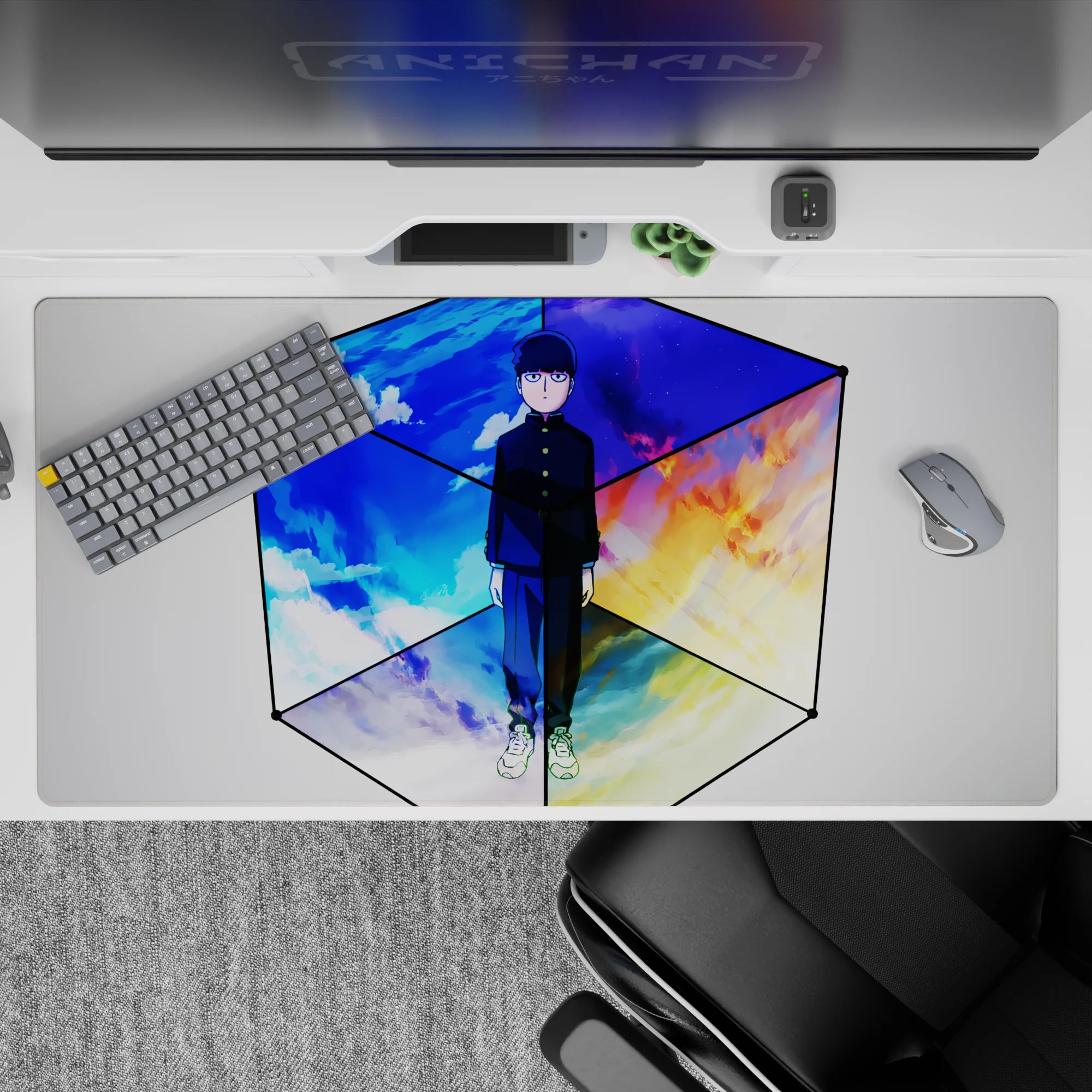 40x20 inches anime desk pad in cool blues and cloud white with fiery orange and purple dusk, calm vibe.