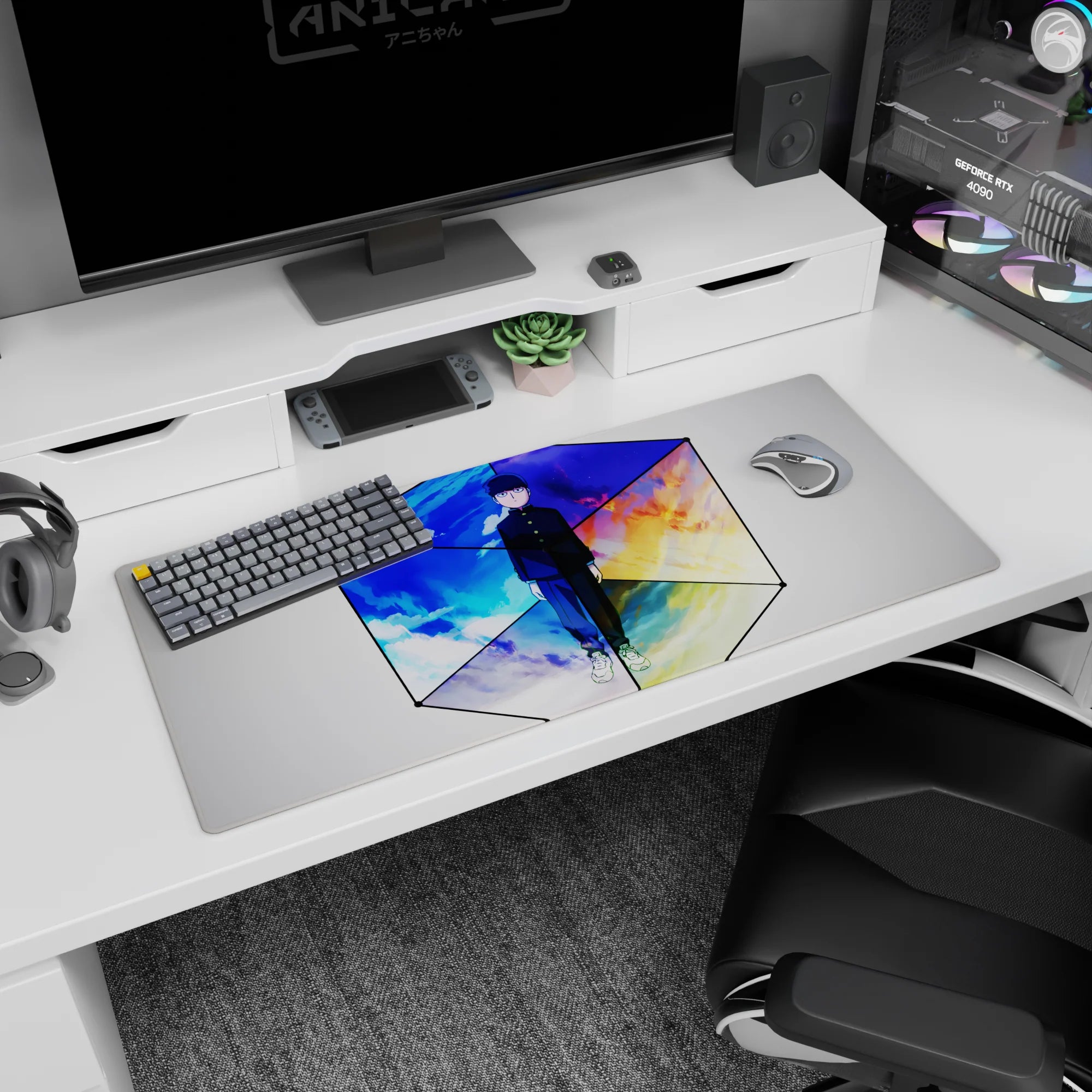 36x16 inches anime desk pad showing Mob in crisp black school uniform, still inside a cube as skies flip.