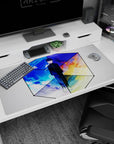 Mob in black school uniform centered inside a cube as four shifting skies surround him, 40x20 inches desk pad.
