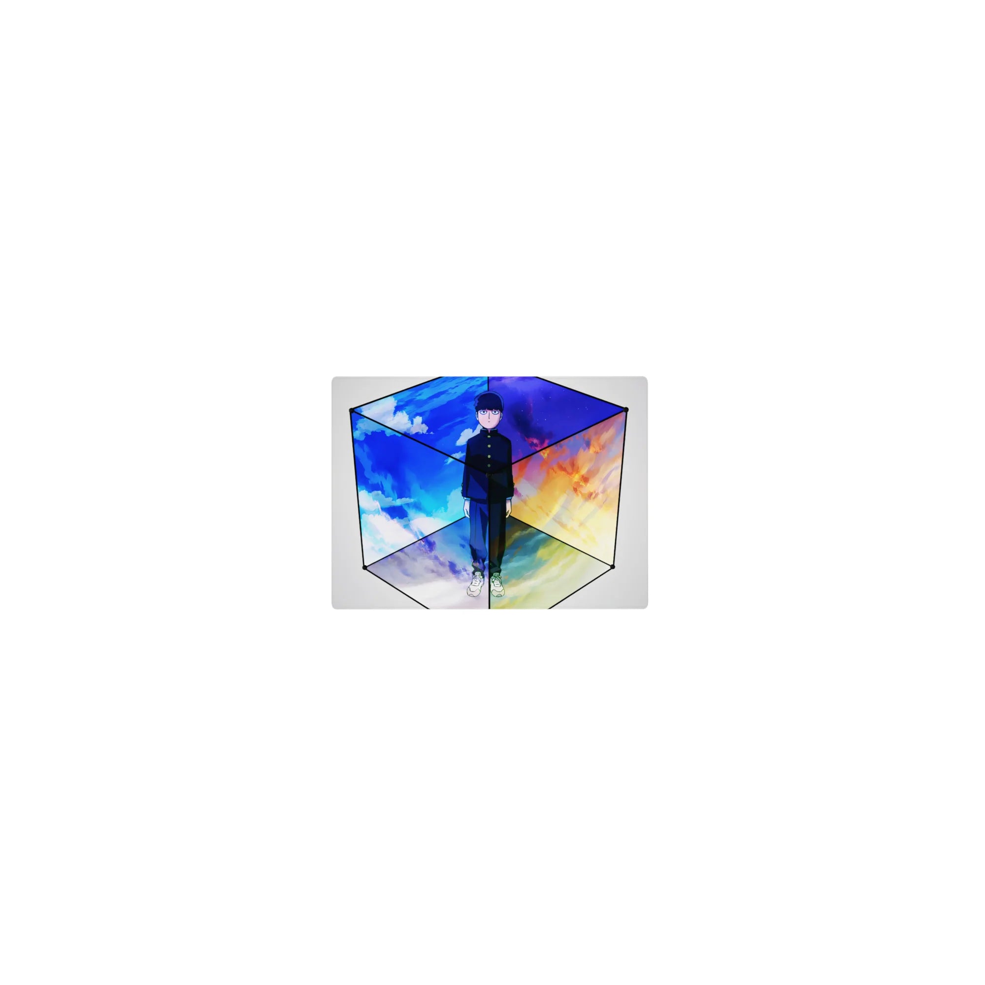 Classic anime mouse pad 14x10 inches with Mob centered in a sleek cube and split-sky panels.