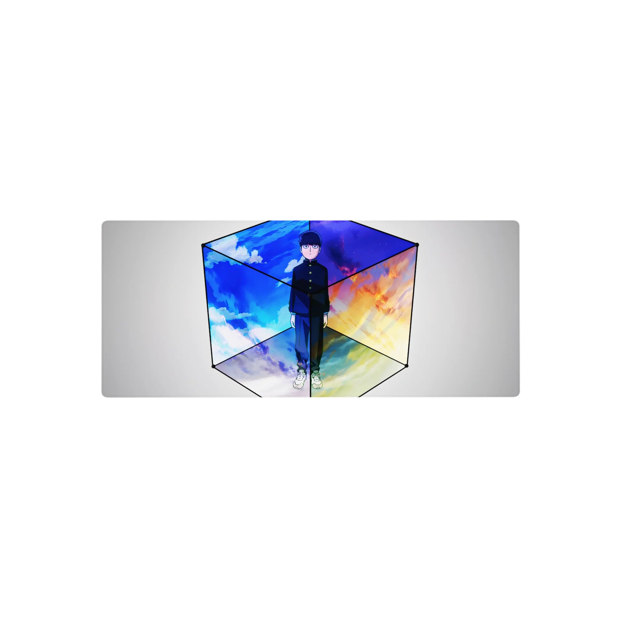 28x12 inches anime mouse pad with Mob centered in a sleek cube, four-sky panel backdrop, clean gradients.
