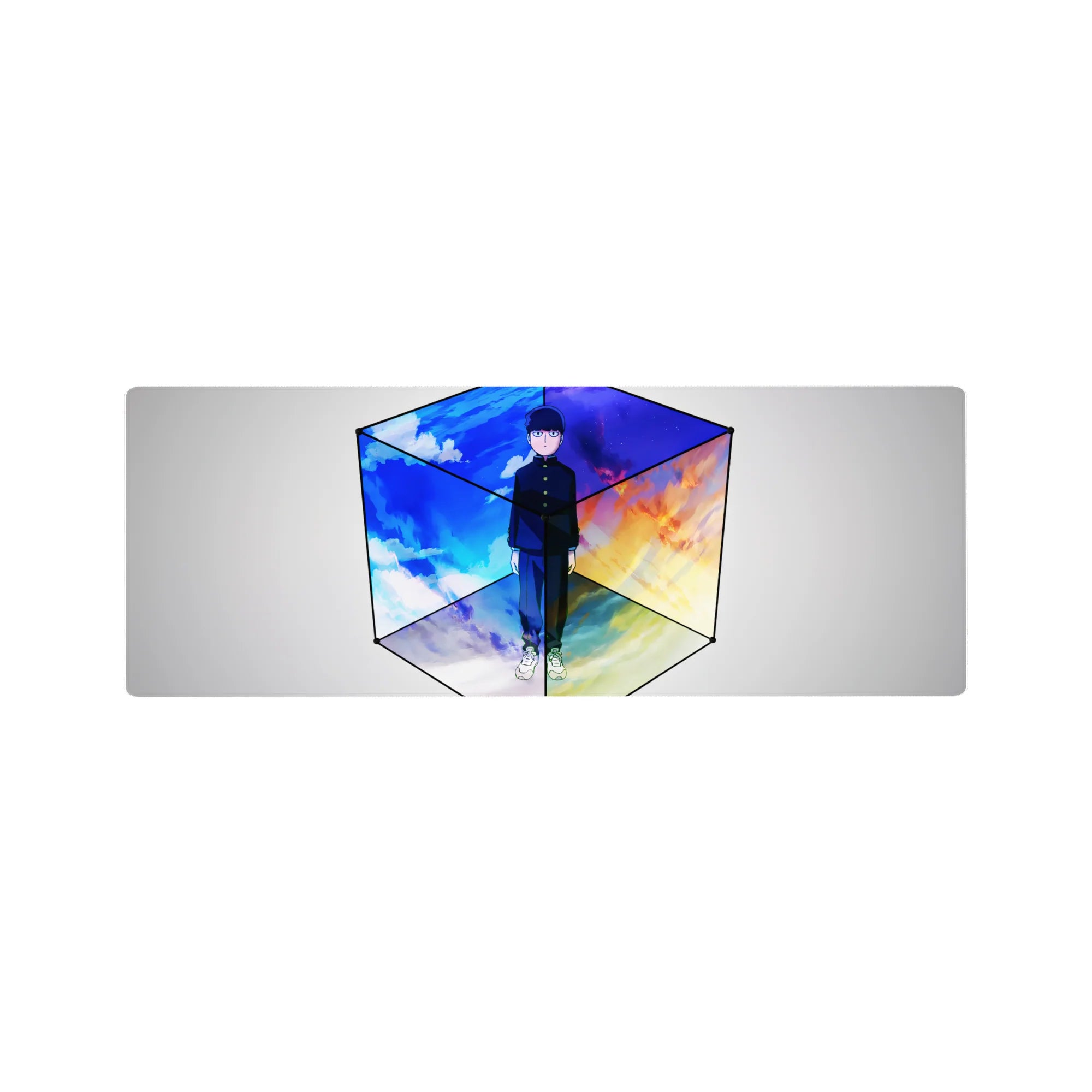 32x12 inches anime mouse pad with Mob centered in a sleek cube, clean lines and soft gradients.