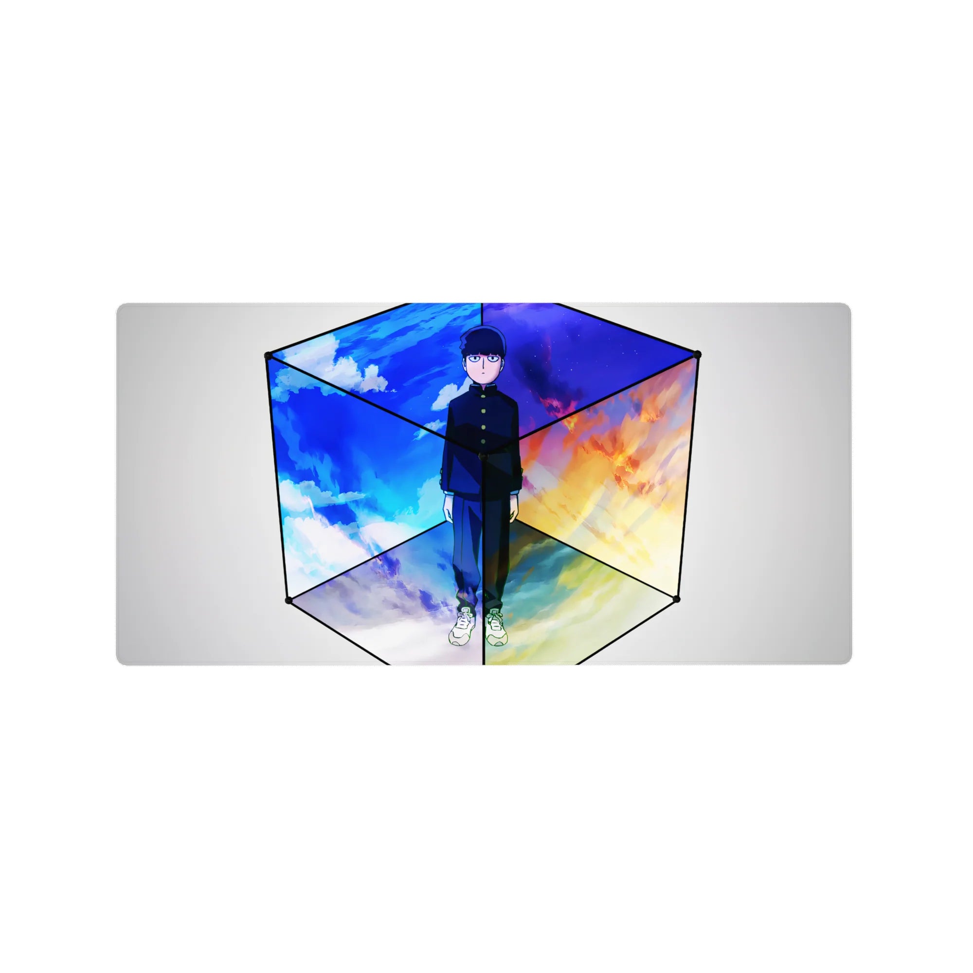 32x16 inches anime mouse pad with Mob in a sleek cube, four-sky panel background, clean lines and gradients.