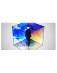 32x16 inches anime mouse pad with Mob in a sleek cube, four-sky panel background, clean lines and gradients.