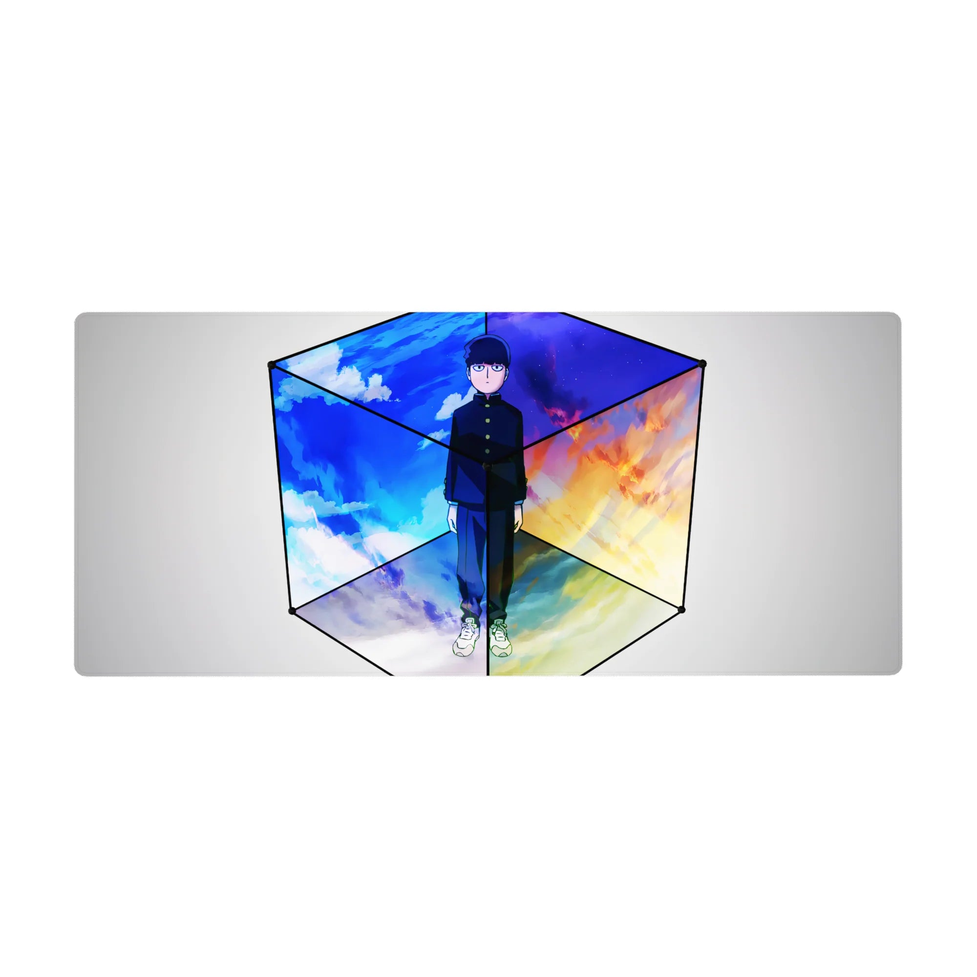 36x16 inches anime desk pad with Mob centered in a sleek cube, four-sky panel background, smooth tracking.