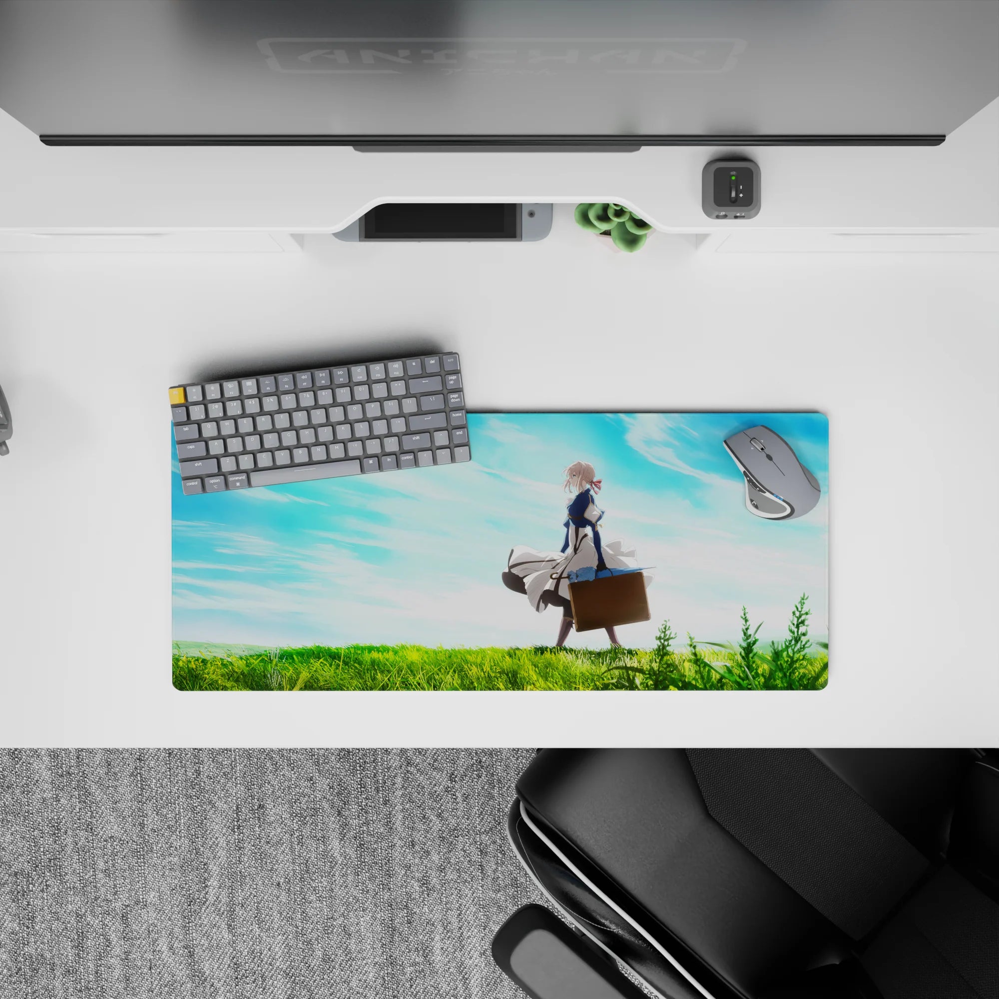 28x12 inches anime mouse pad with bright green and sky-blue gradients for a calm, dreamy desk vibe.