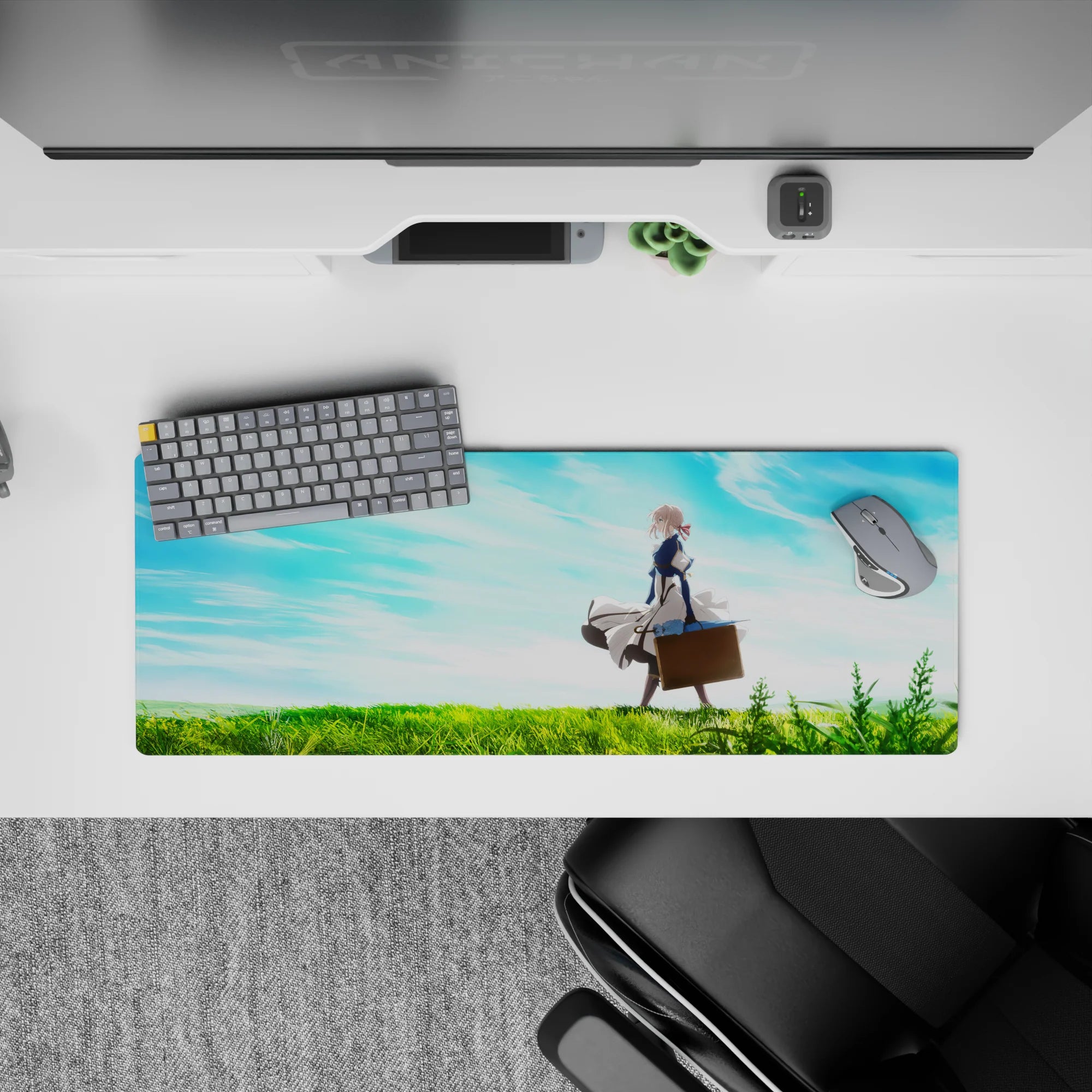 32x12 inches anime mouse pad with soft blue skies, bright green grass, dreamy gradients, calm desk vibe.
