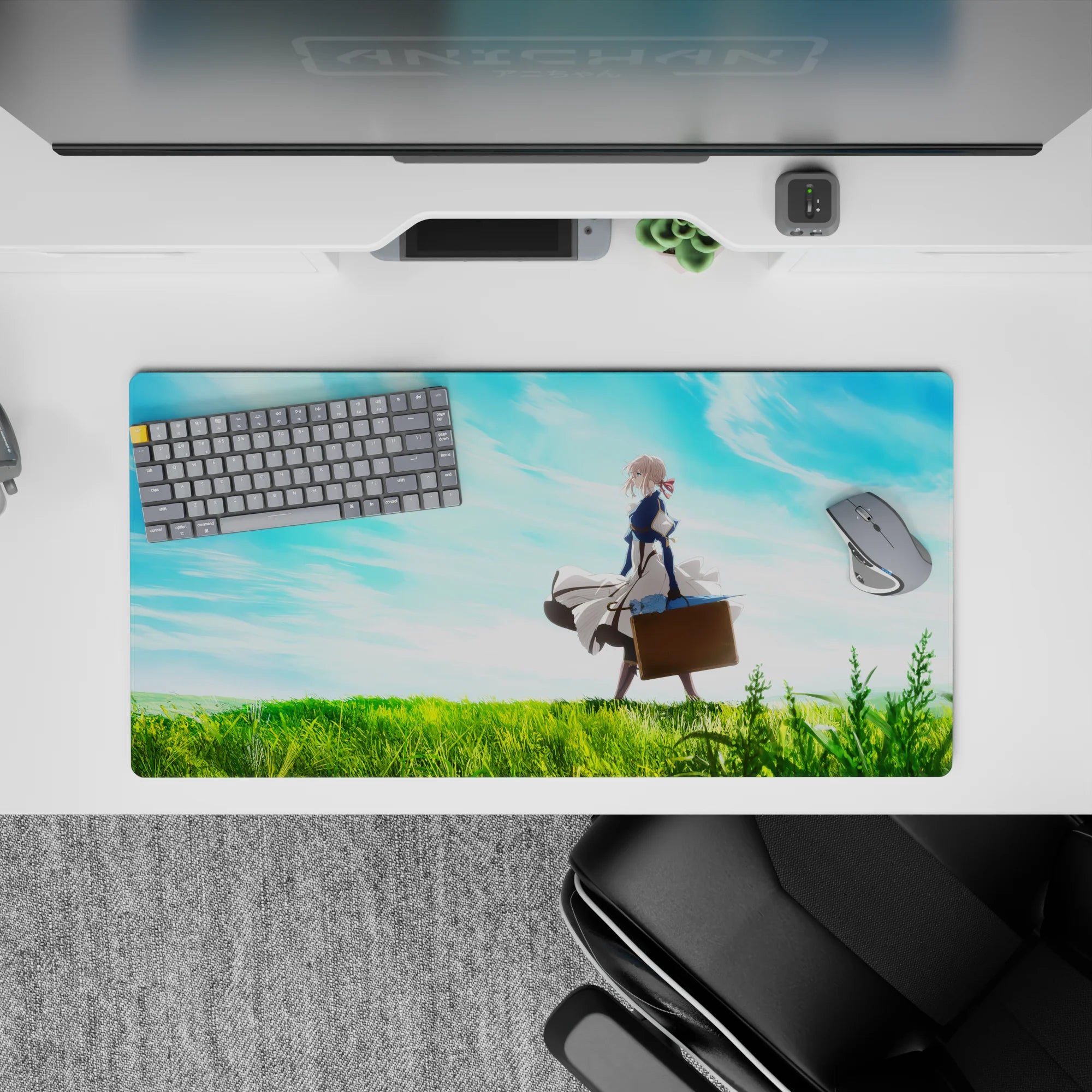 32x16 inches anime mouse pad with bright greens and sky blues, dreamy gradients, calm open-air vibe.