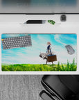 32x16 inches anime mouse pad with bright greens and sky blues, dreamy gradients, calm open-air vibe.