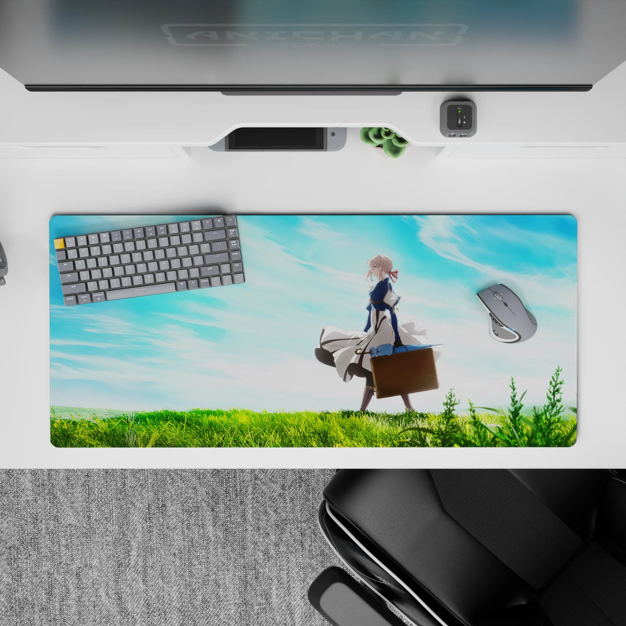36x16 inches anime desk pad in soft blue and bright green tones, calm open-sky vibe and smooth glide.