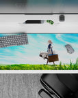 36x16 inches anime desk pad in soft blue and bright green tones, calm open-sky vibe and smooth glide.