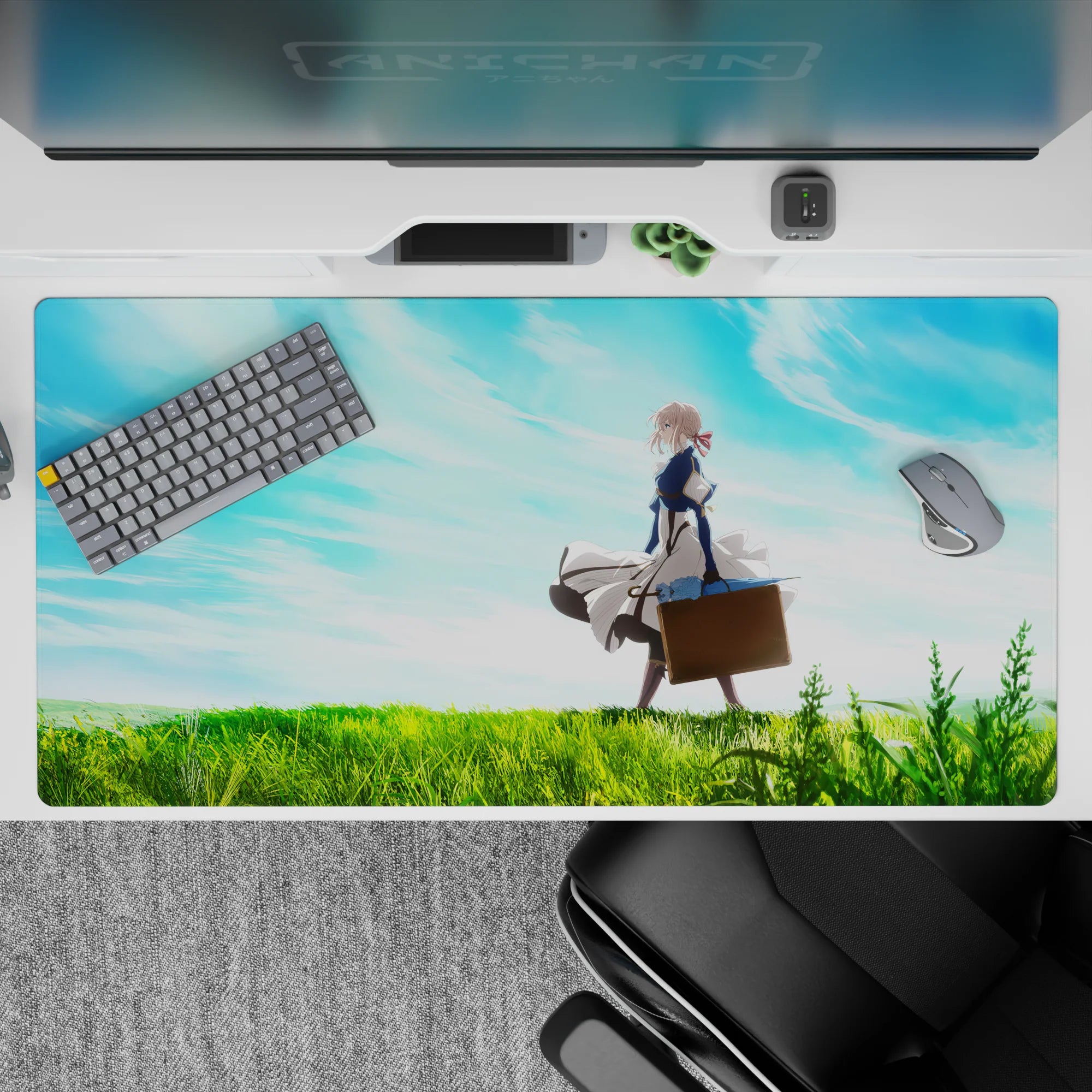 40x20 inches anime girl desk pad in soft blue and bright green, calm sky vibe with dreamy gradients.