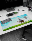 36x16 inches desk pad showing Violet Evergarden standing in sunlit grass, dress swirling beneath clouds.