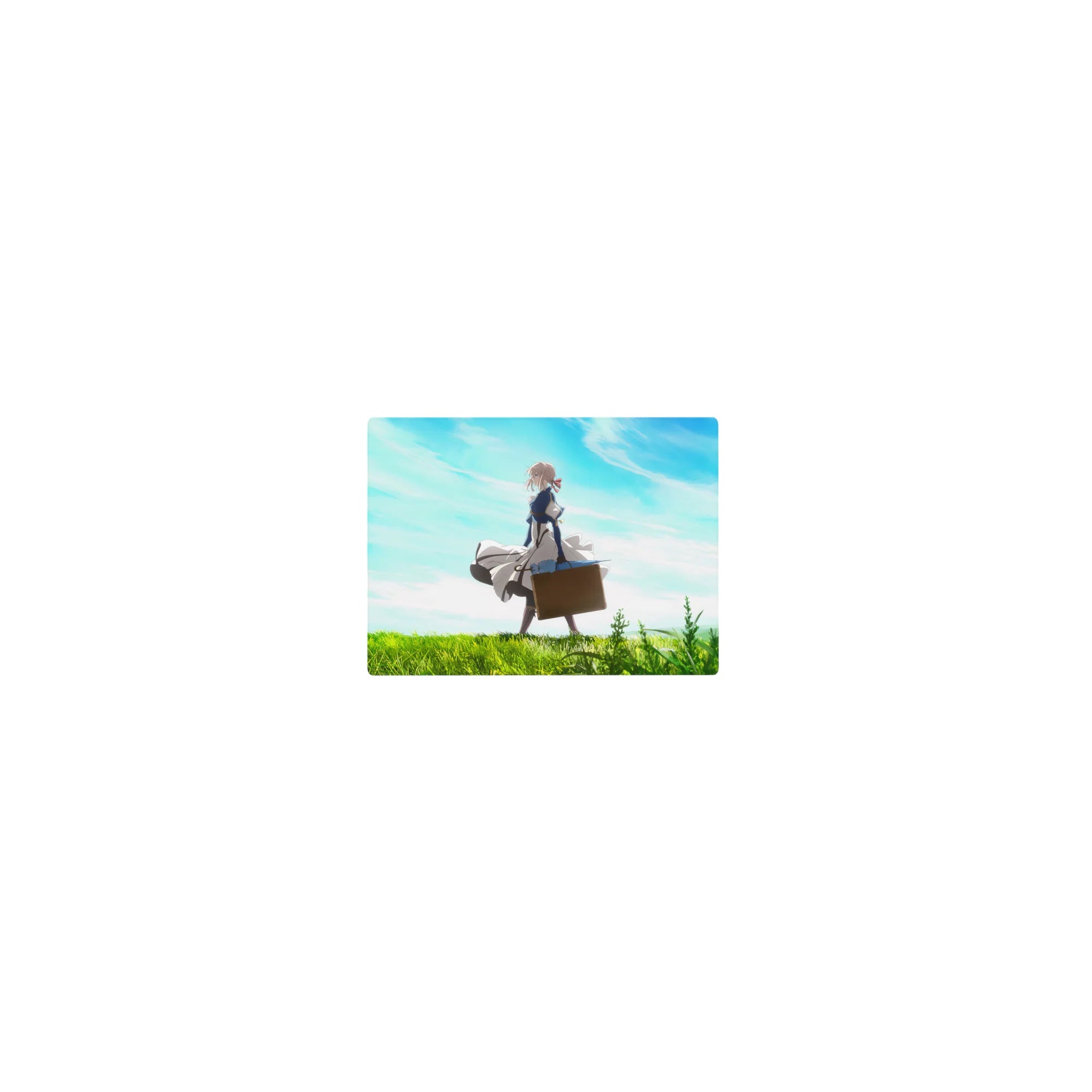 Classic anime girl mouse pad 14x10 inches with Violet Evergarden in a green field under soft blue clouds.