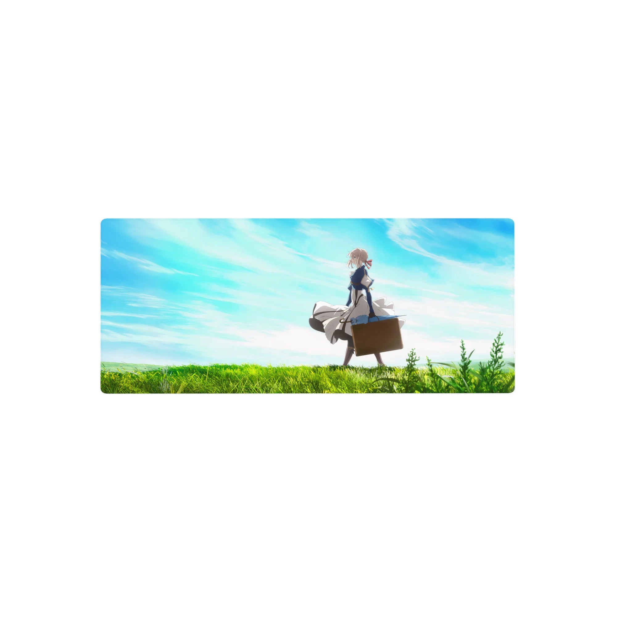 28x12 inches anime girl mouse pad with Violet Evergarden in green fields under soft blue clouds.