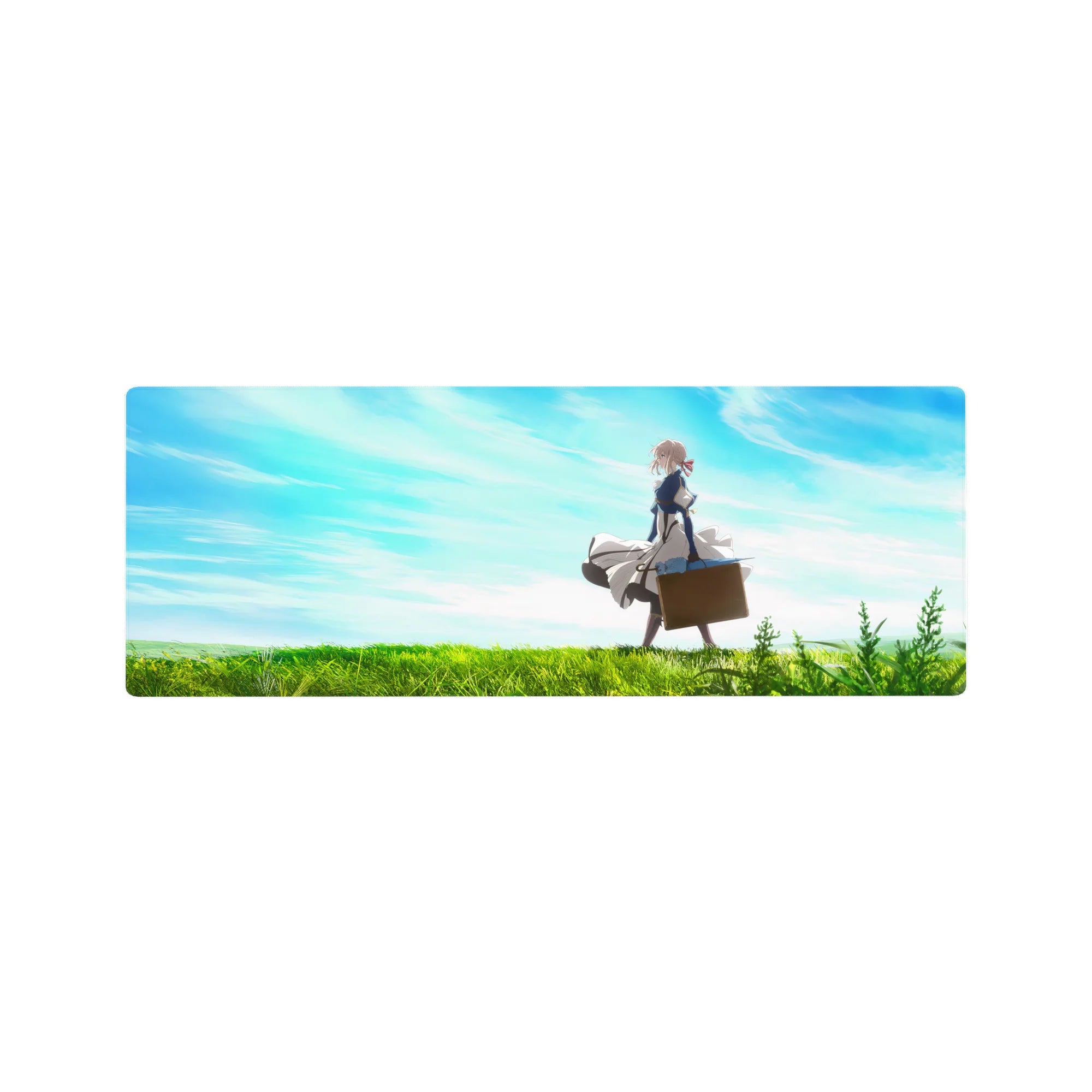 32x12 inches anime girl mouse pad with Violet Evergarden in green fields under blue clouds, suitcase in hand.