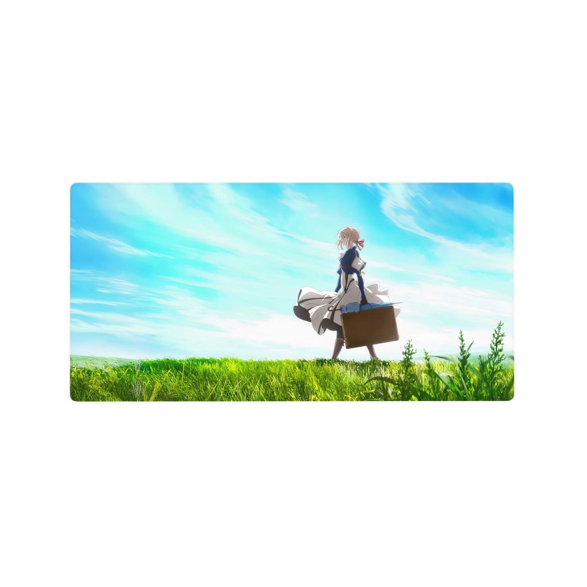 32x16 inches anime girl mouse pad with Violet in a flowing dress in green fields under soft clouds.