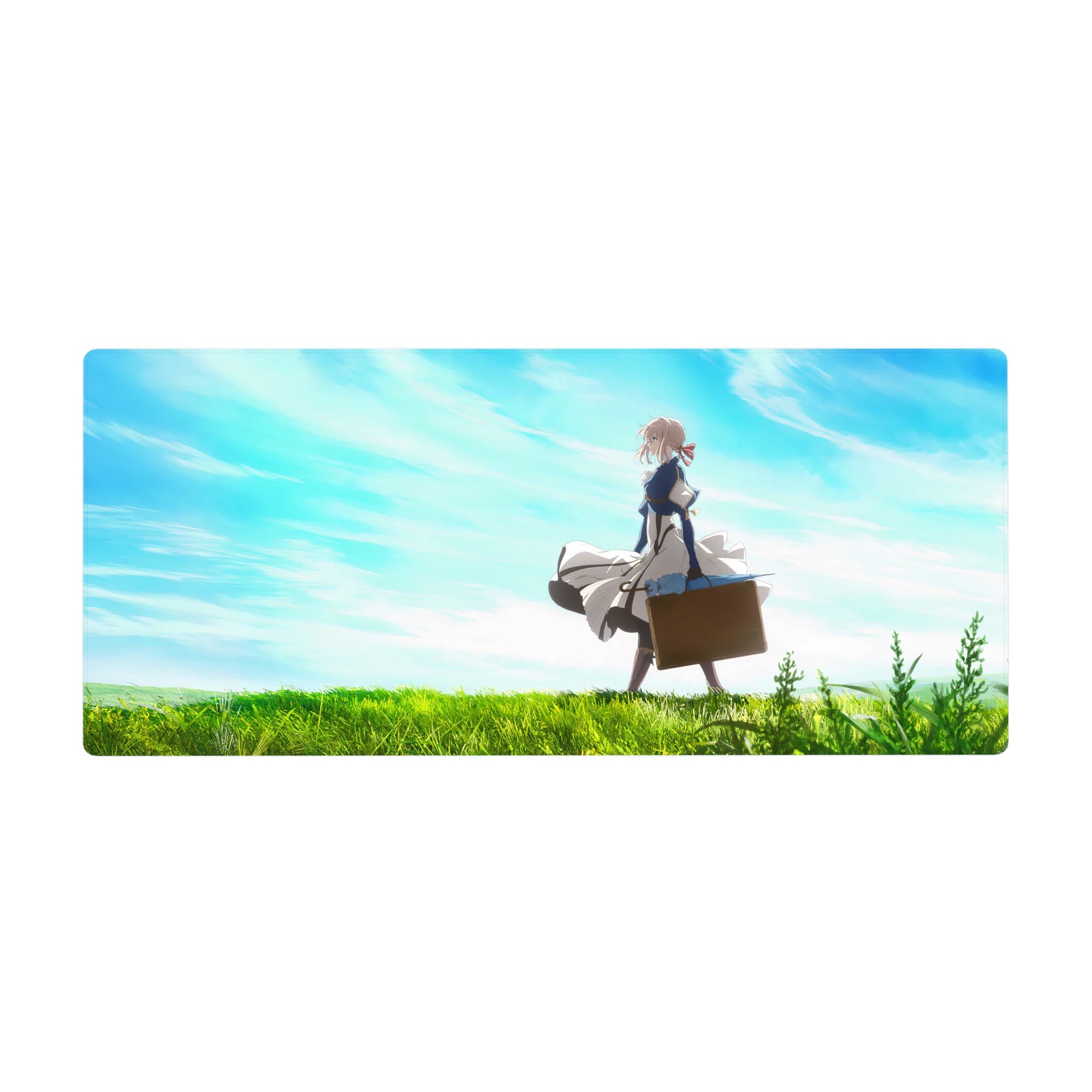 36x16 inches anime girl desk pad with Violet Evergarden in green fields under blue clouds, suitcase in hand.