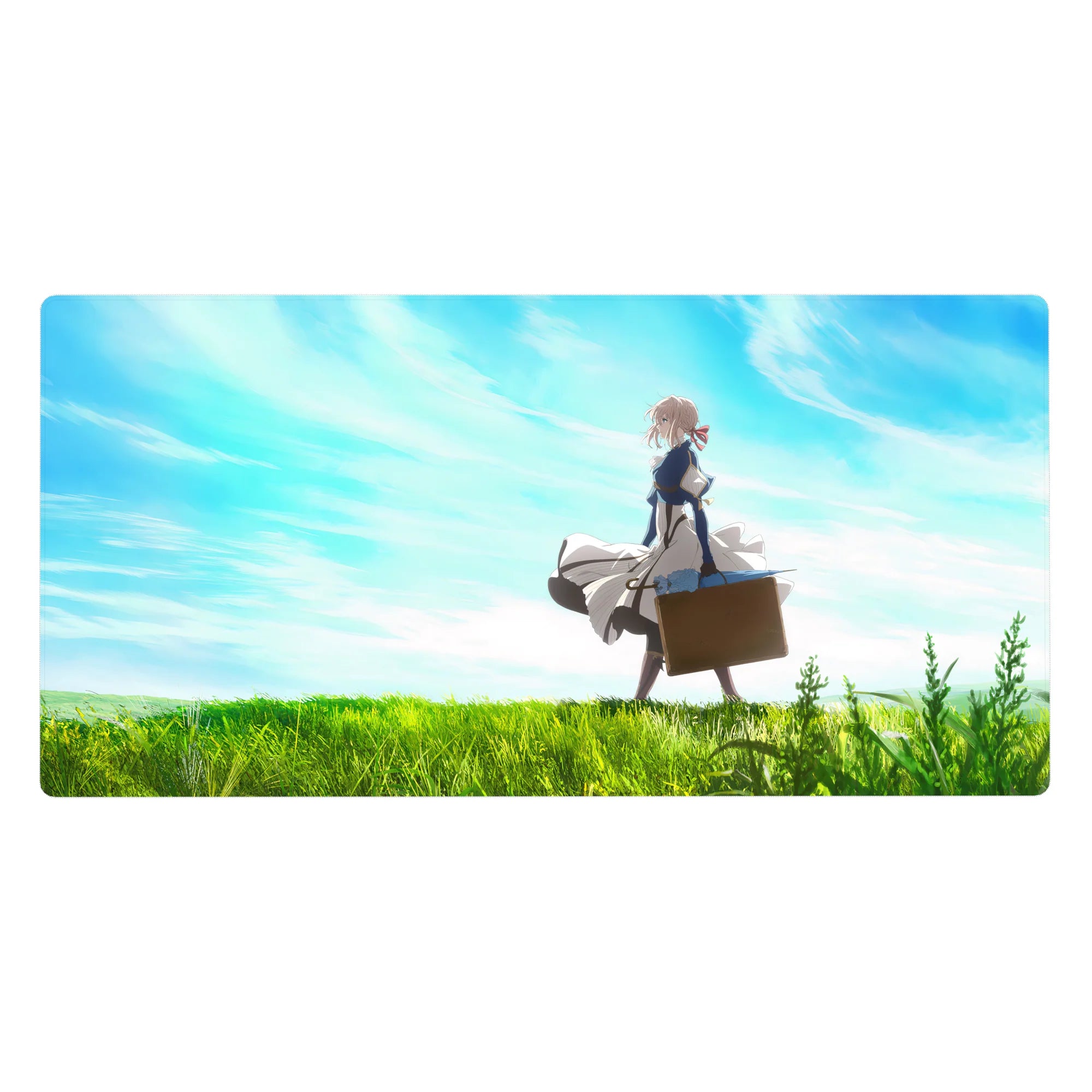 Anime girl desk pad 40x20 inches with Violet Evergarden in green fields under blue clouds, suitcase in hand.