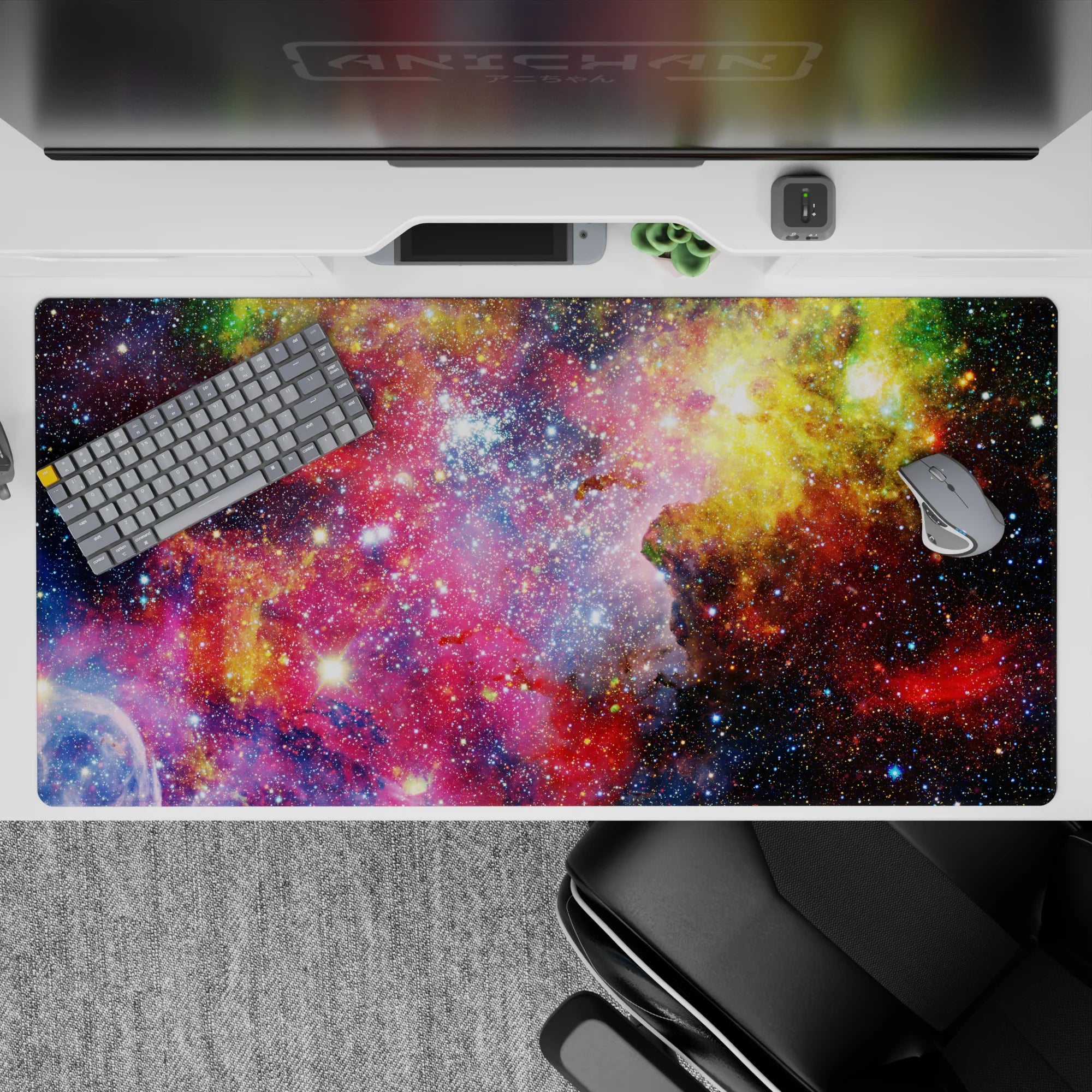 Vibrant purple, red, and gold cloud desk pad 40x20 inches with dreamy cosmic vibe for office setups.