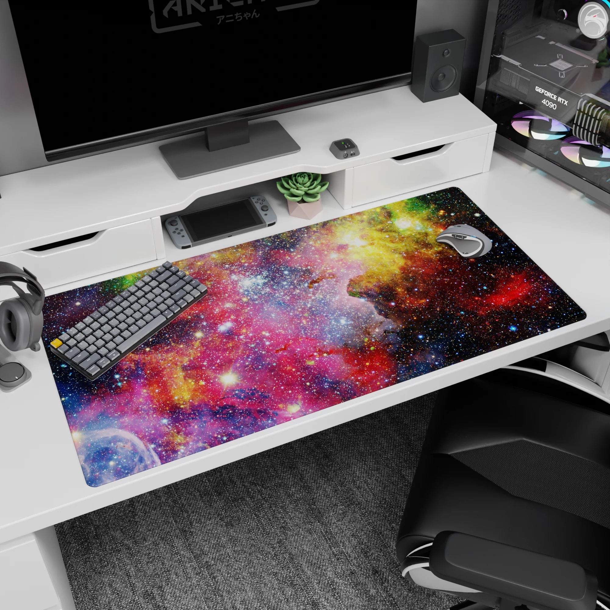 Starry nebula cloudscape desk pad 40x20 inches featuring glowing cosmic dust and endless space scene.